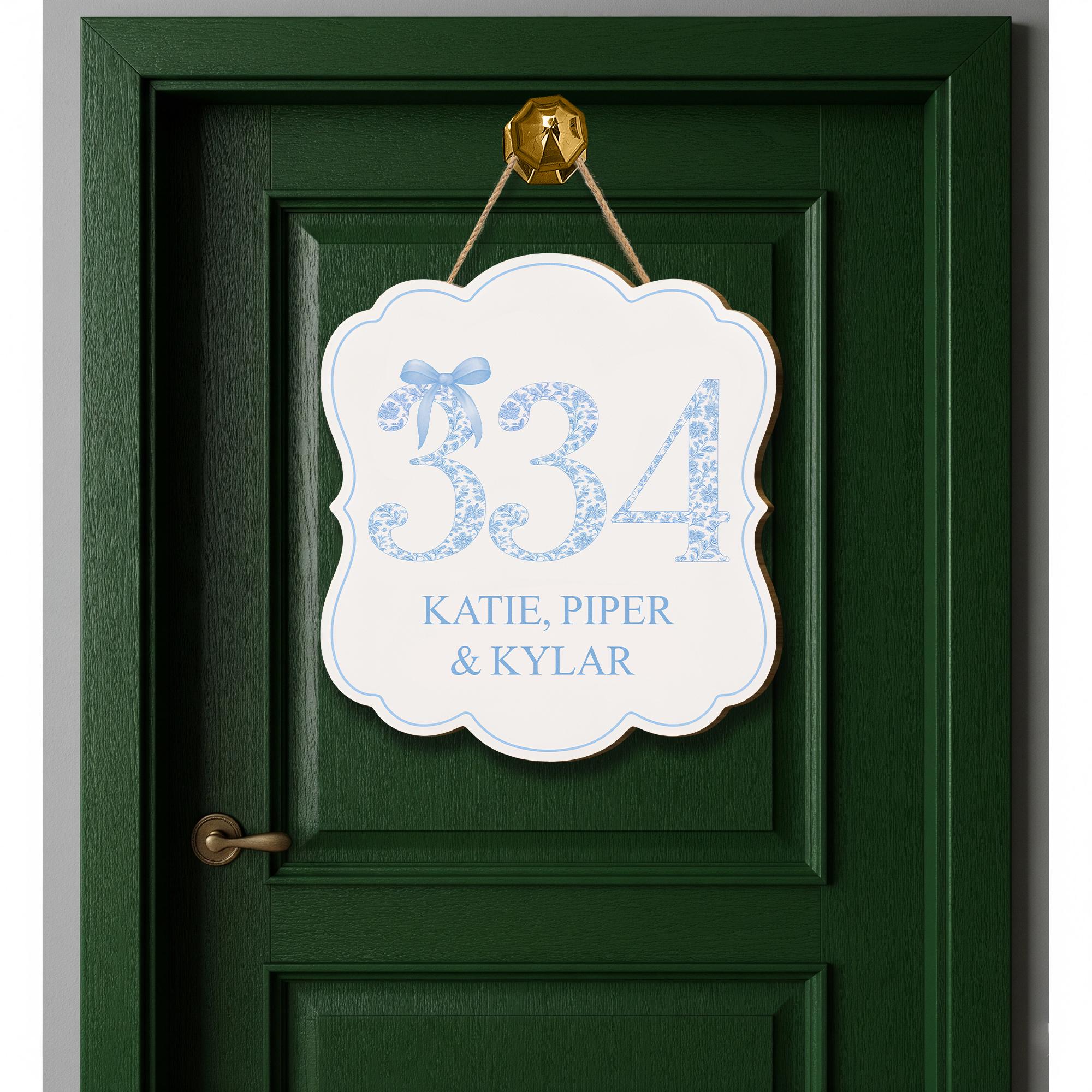 Custom Chinoiserie Dorm Door Sign | Personalized Room Number & Name Plaque | Blue Bow College Door Decor | Preppy Monogram Roommate Gift