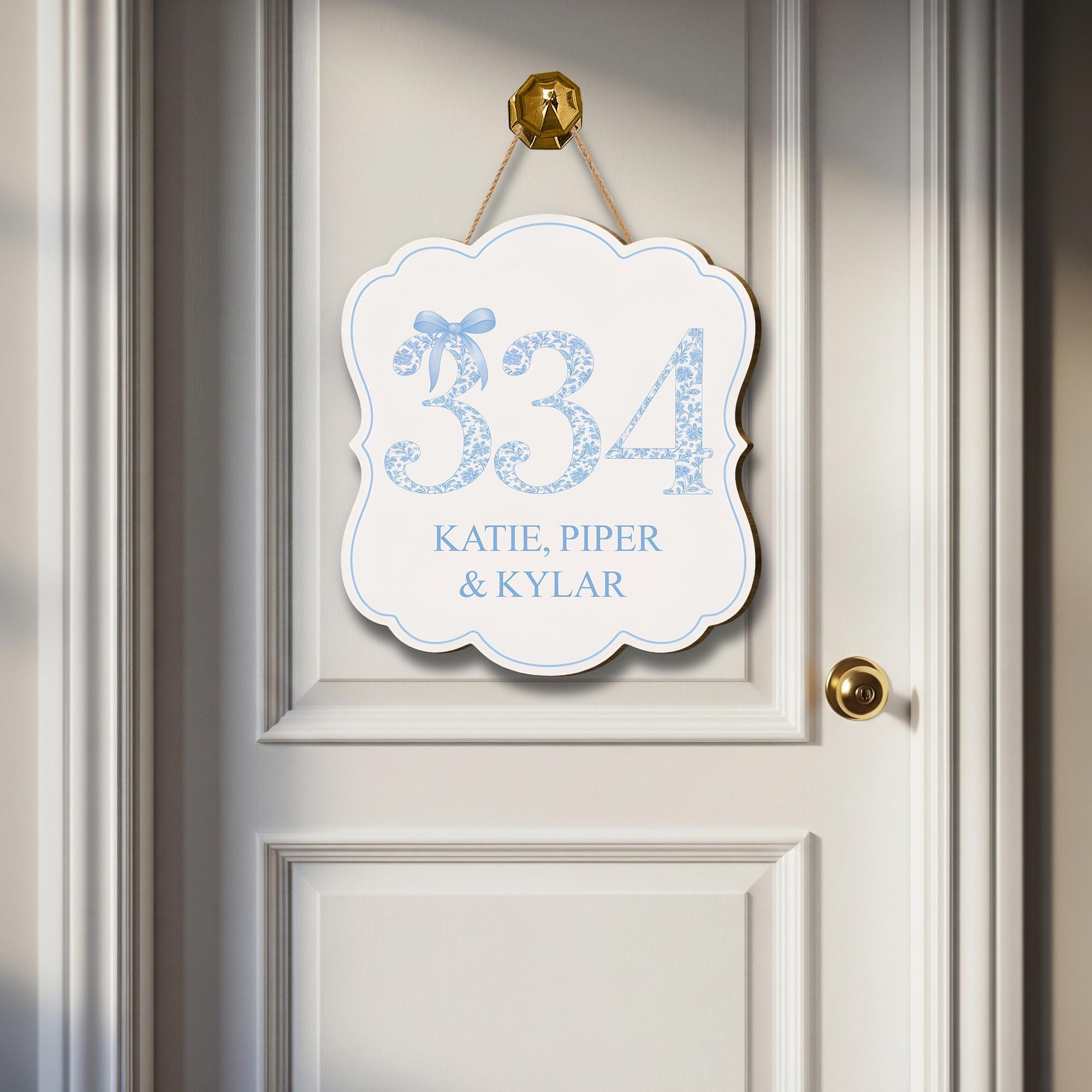 Custom Chinoiserie Dorm Door Sign | Personalized Room Number & Name Plaque | Blue Bow College Door Decor | Preppy Monogram Roommate Gift