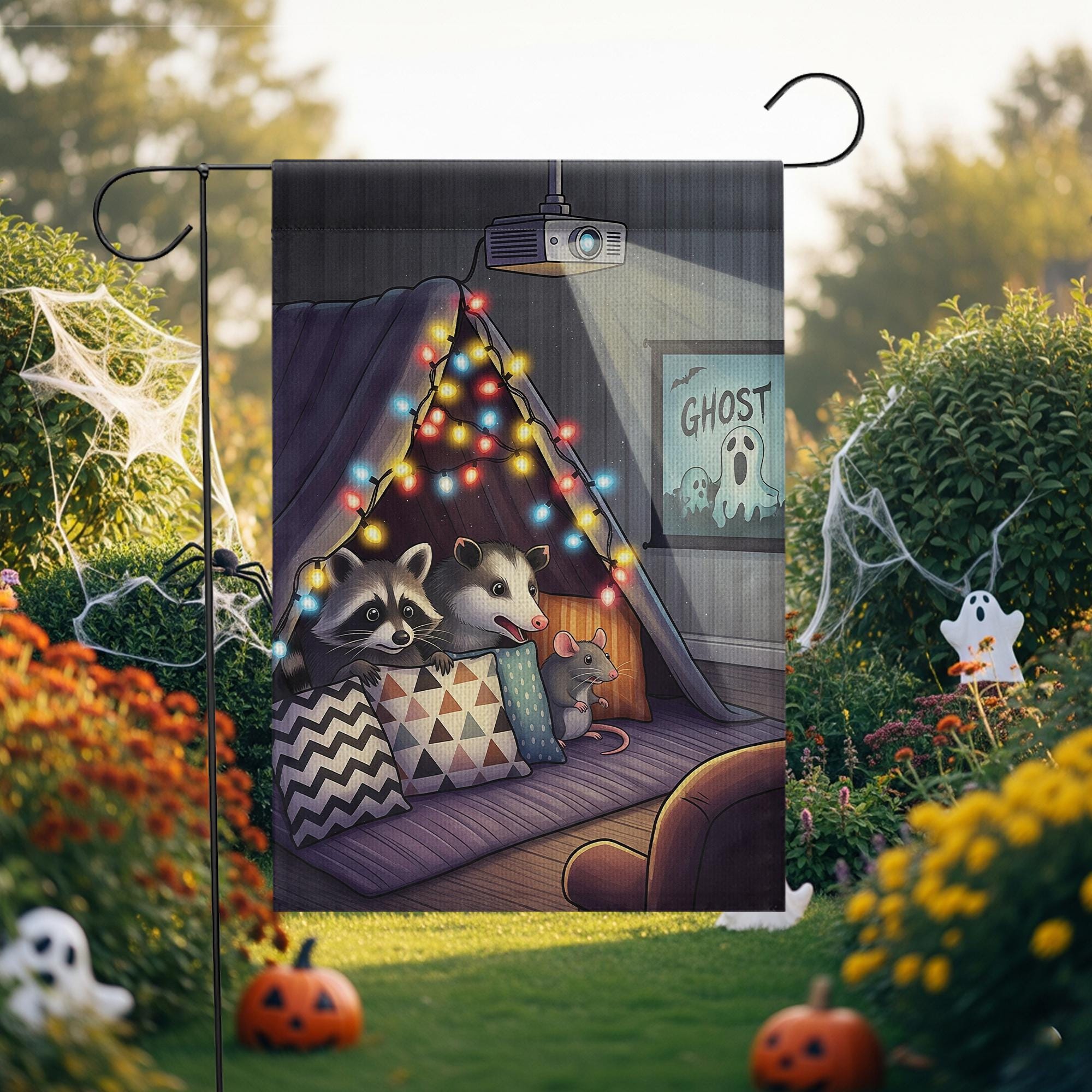 Cozy Movie Night Garden Flag – Raccoon Opossum Mouse Cozy Fort Decor, Outdoor Yard Flag, Fall Autumn Home Decoration