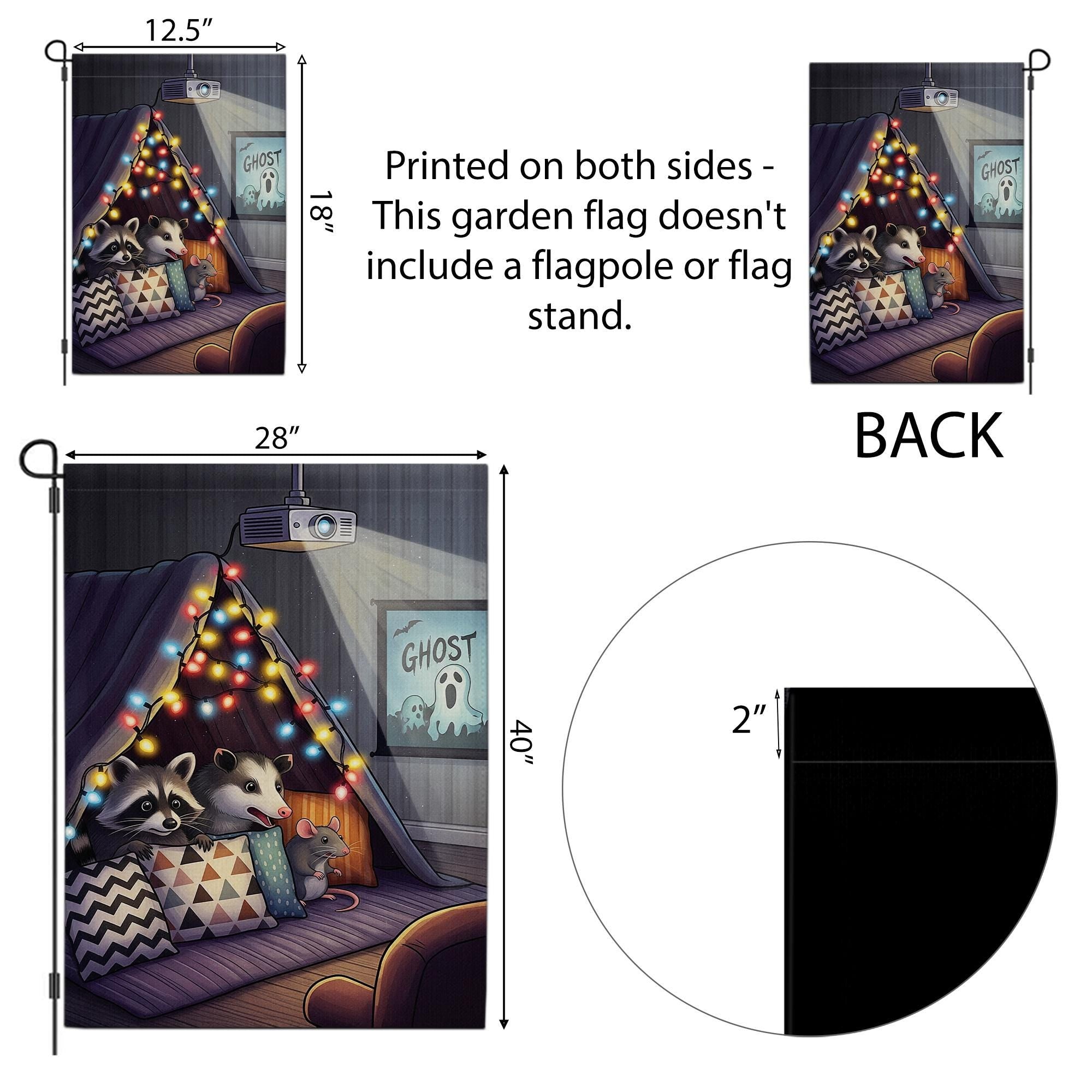 Cozy Movie Night Garden Flag – Raccoon Opossum Mouse Cozy Fort Decor, Outdoor Yard Flag, Fall Autumn Home Decoration