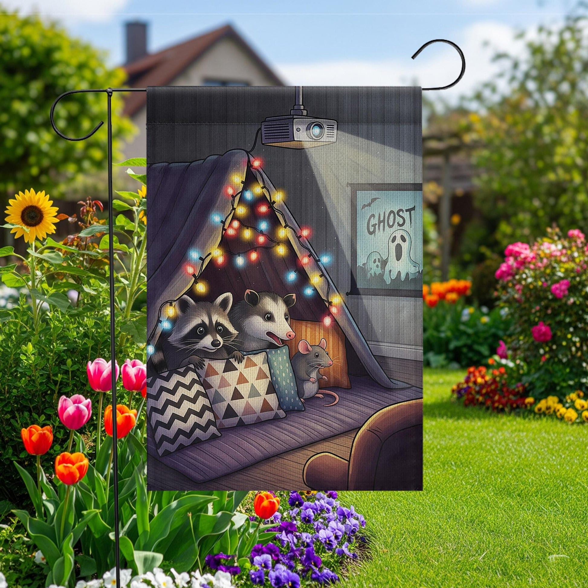Cozy Movie Night Garden Flag – Raccoon Opossum Mouse Cozy Fort Decor, Outdoor Yard Flag, Fall Autumn Home Decoration