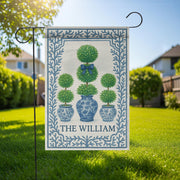Custom Chinoiserie Garden Flag | Blue Topiary Planter Yard Sign | Personalized Outdoor Decor | Elegant Monogram Spring Porch Flag