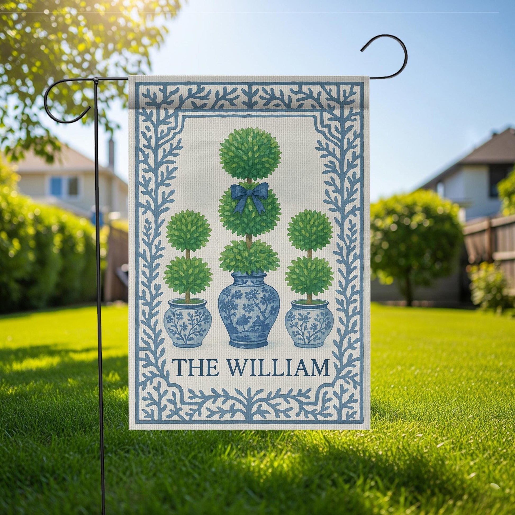 Custom Chinoiserie Garden Flag | Blue Topiary Planter Yard Sign | Personalized Outdoor Decor | Elegant Monogram Spring Porch Flag