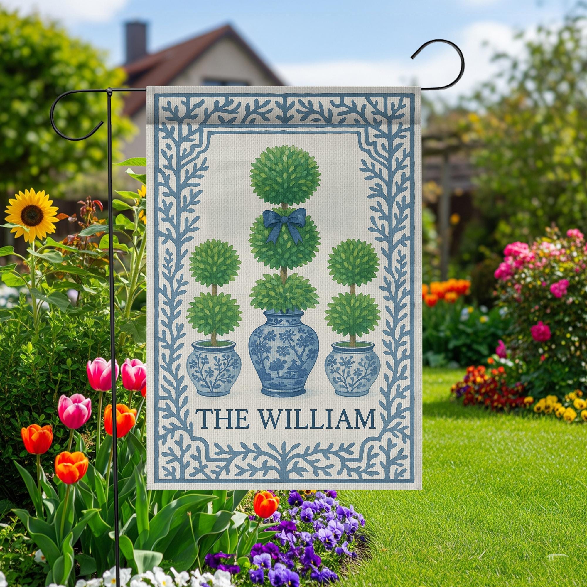 Custom Chinoiserie Garden Flag | Blue Topiary Planter Yard Sign | Personalized Outdoor Decor | Elegant Monogram Spring Porch Flag