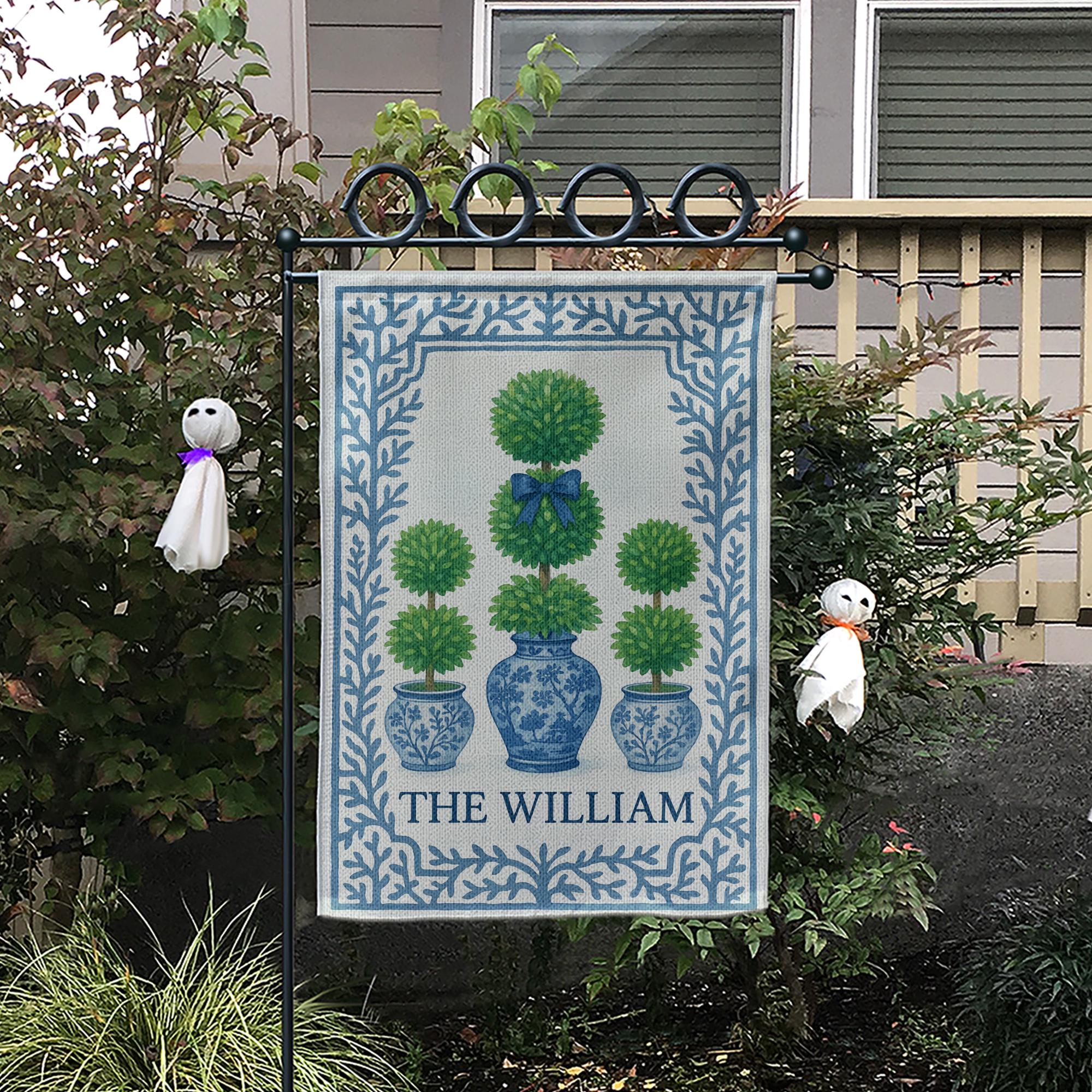 Custom Chinoiserie Garden Flag | Blue Topiary Planter Yard Sign | Personalized Outdoor Decor | Elegant Monogram Spring Porch Flag