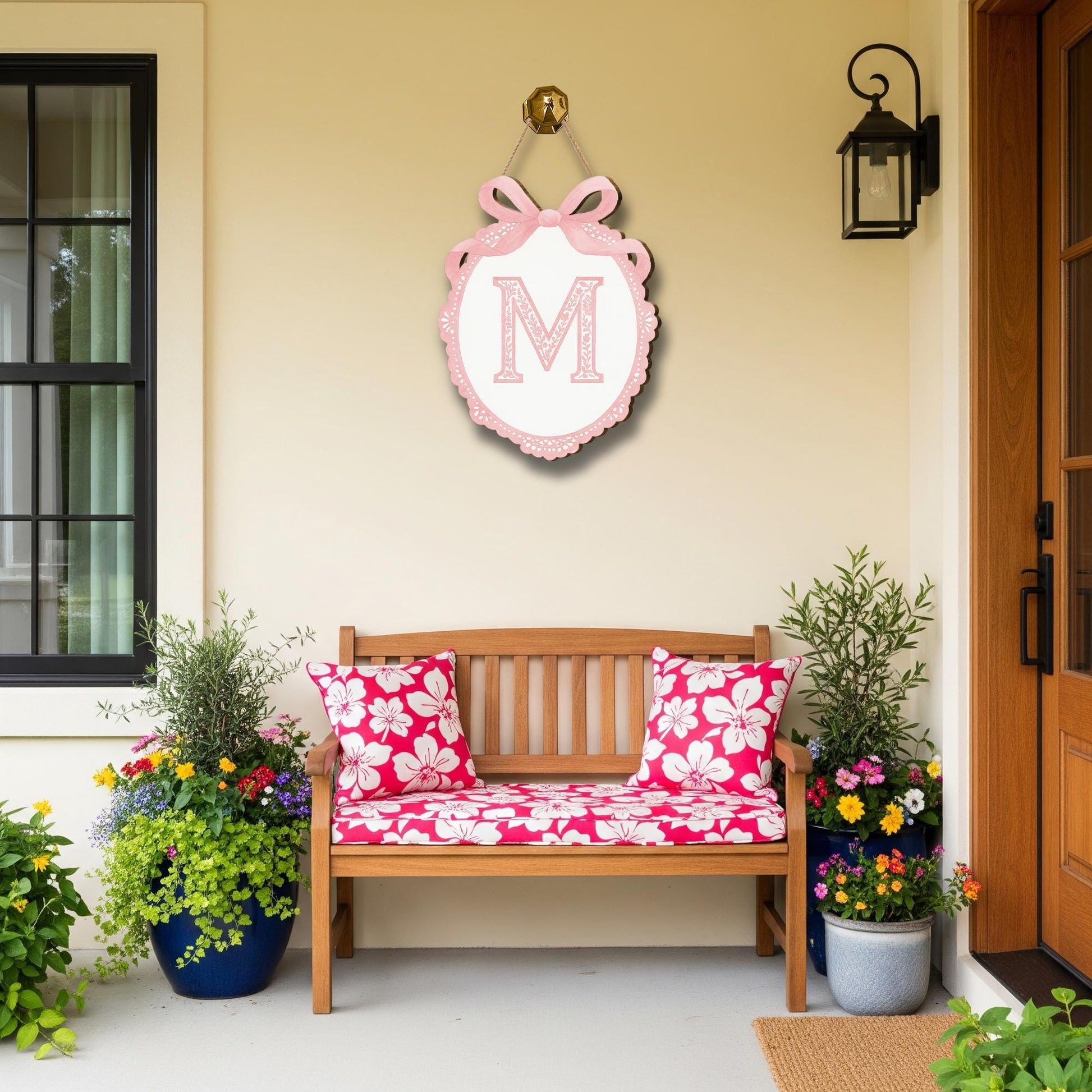 Custom Chinoiserie Monogram Door Sign | Pink Bow Letter Wall Plaque | Personalized Nursery or Dorm Decor | Preppy Girl Room Initial Hanger