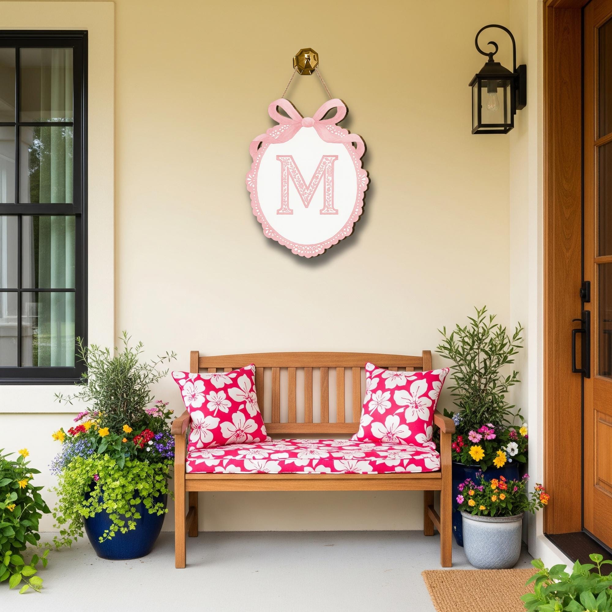 Custom Chinoiserie Monogram Door Sign | Pink Bow Letter Wall Plaque | Personalized Nursery or Dorm Decor | Preppy Girl Room Initial Hanger