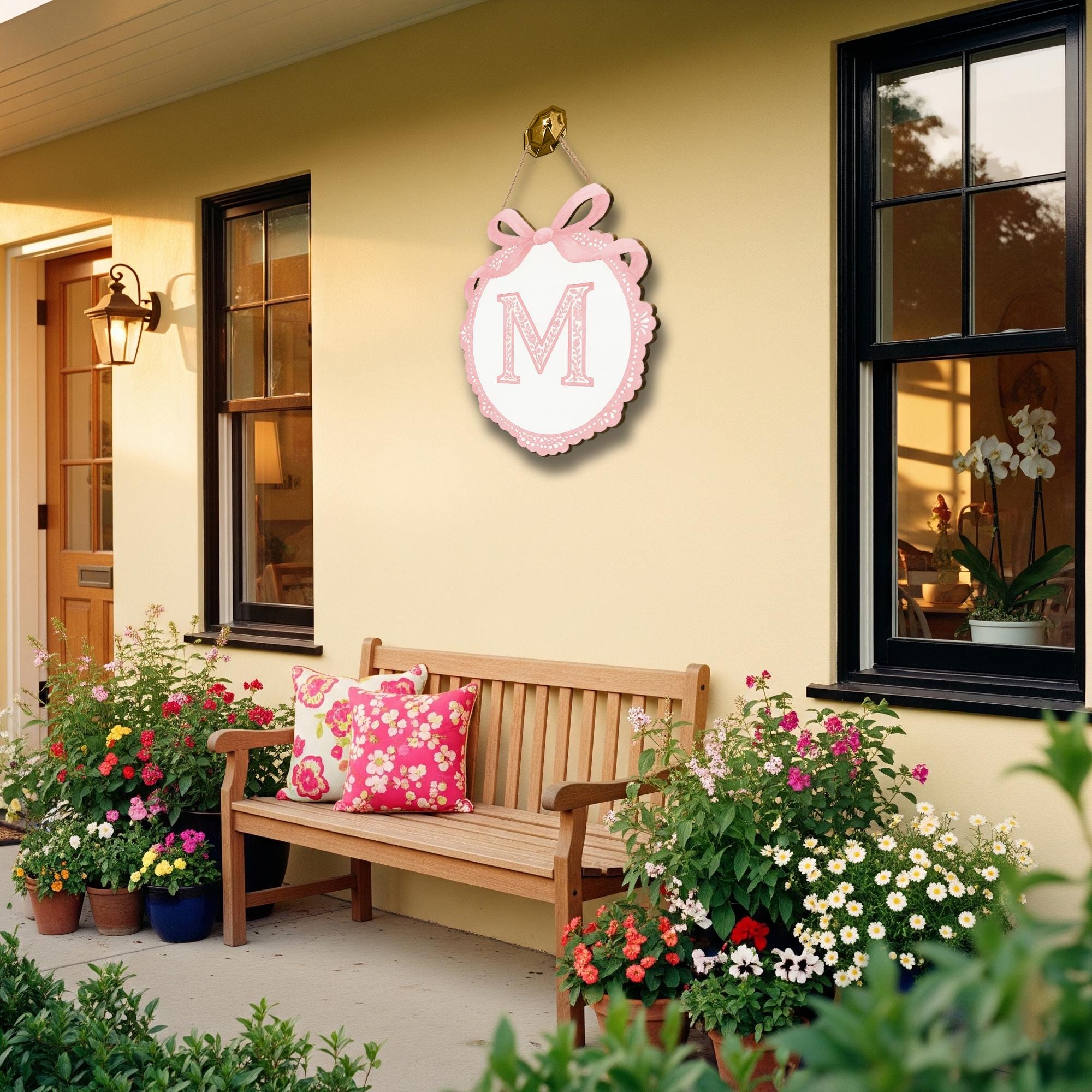 Custom Chinoiserie Monogram Door Sign | Pink Bow Letter Wall Plaque | Personalized Nursery or Dorm Decor | Preppy Girl Room Initial Hanger