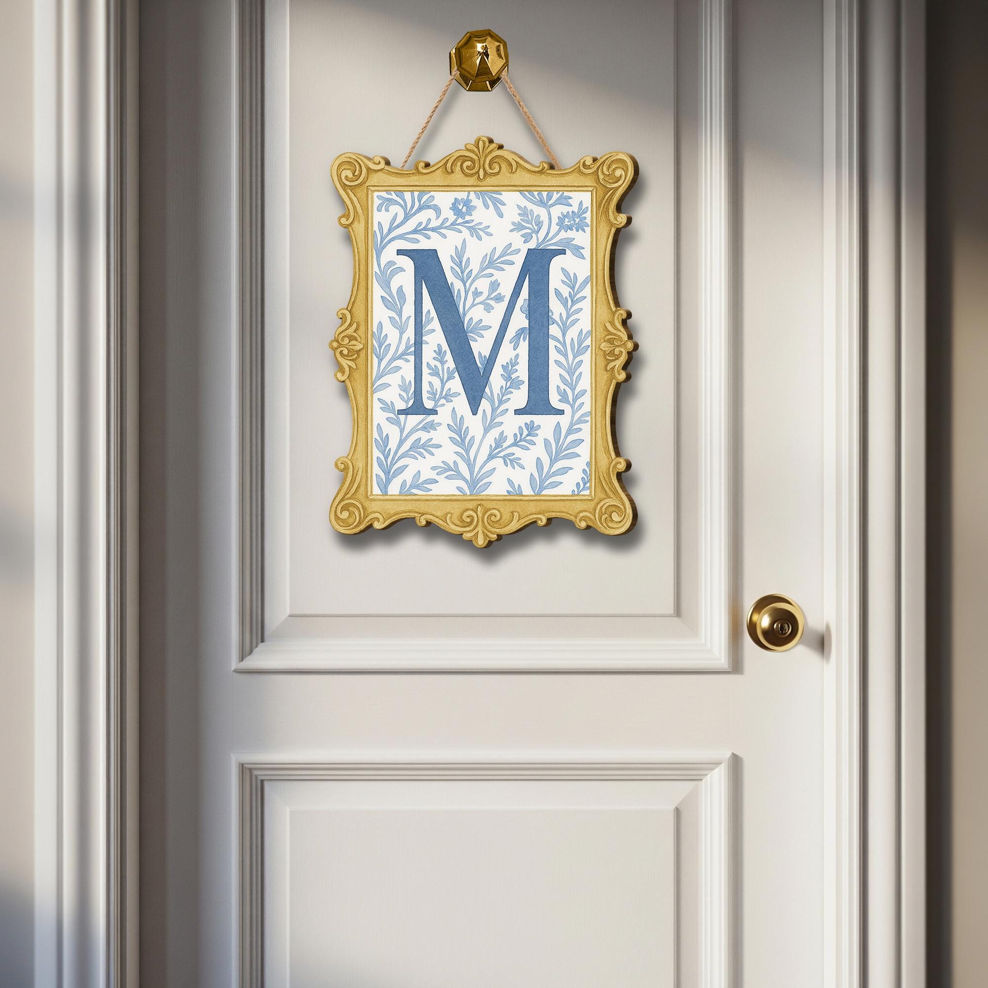 Custom Chinoiserie Monogram Door Sign | Blue Floral Initial Wall Plaque | Personalized Vintage Frame Decor | Elegant Preppy Room Name Sign