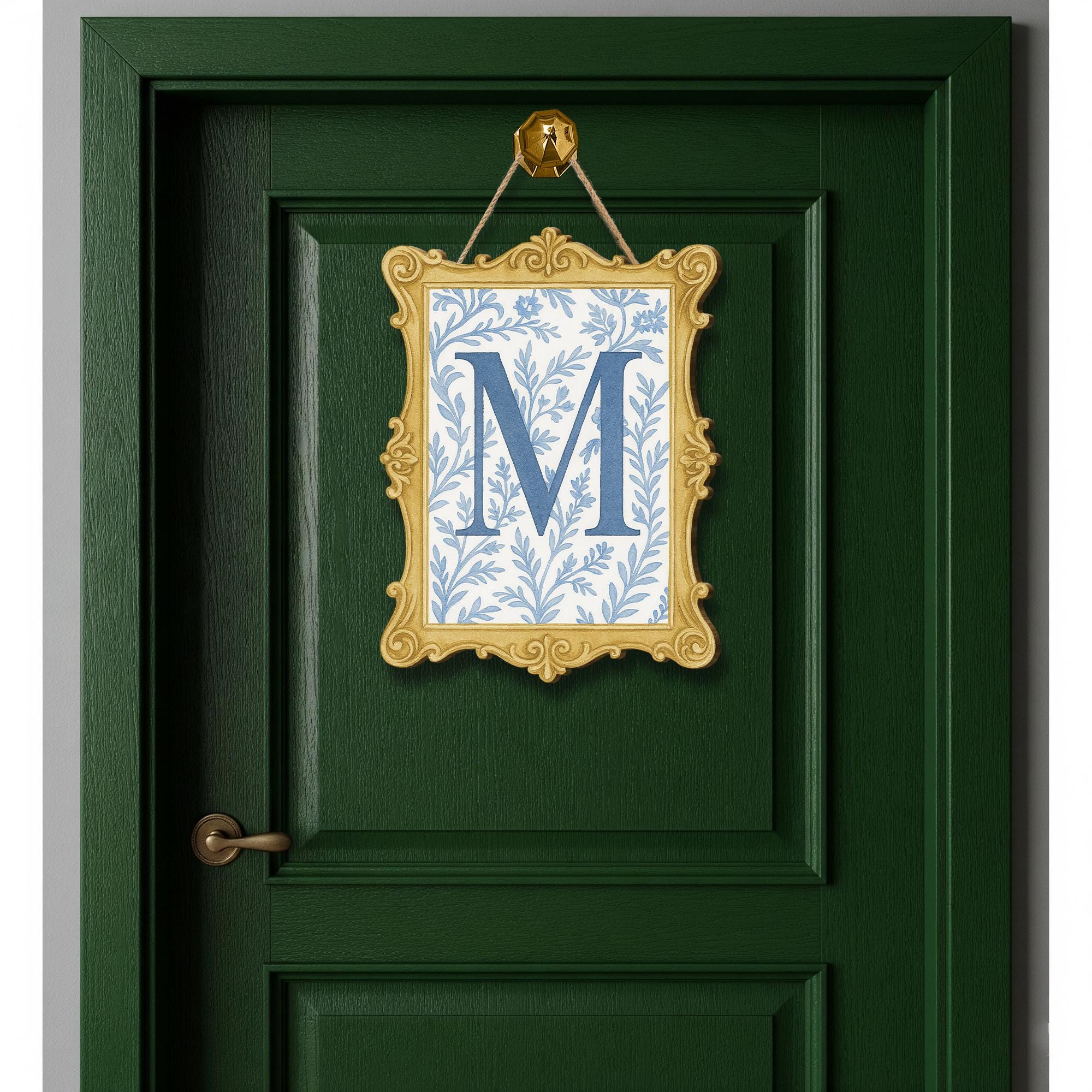 Custom Chinoiserie Monogram Door Sign | Blue Floral Initial Wall Plaque | Personalized Vintage Frame Decor | Elegant Preppy Room Name Sign