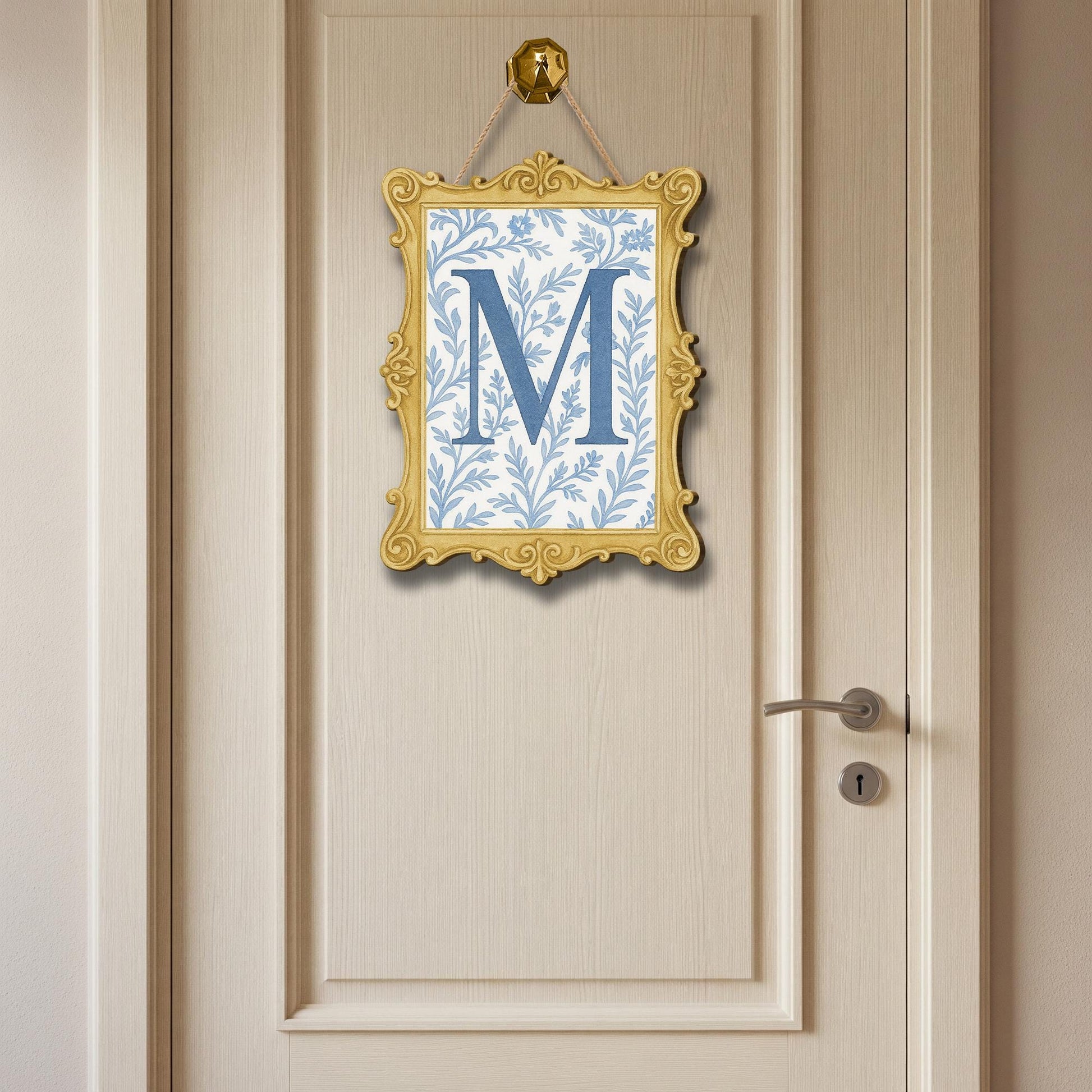 Custom Chinoiserie Monogram Door Sign | Blue Floral Initial Wall Plaque | Personalized Vintage Frame Decor | Elegant Preppy Room Name Sign
