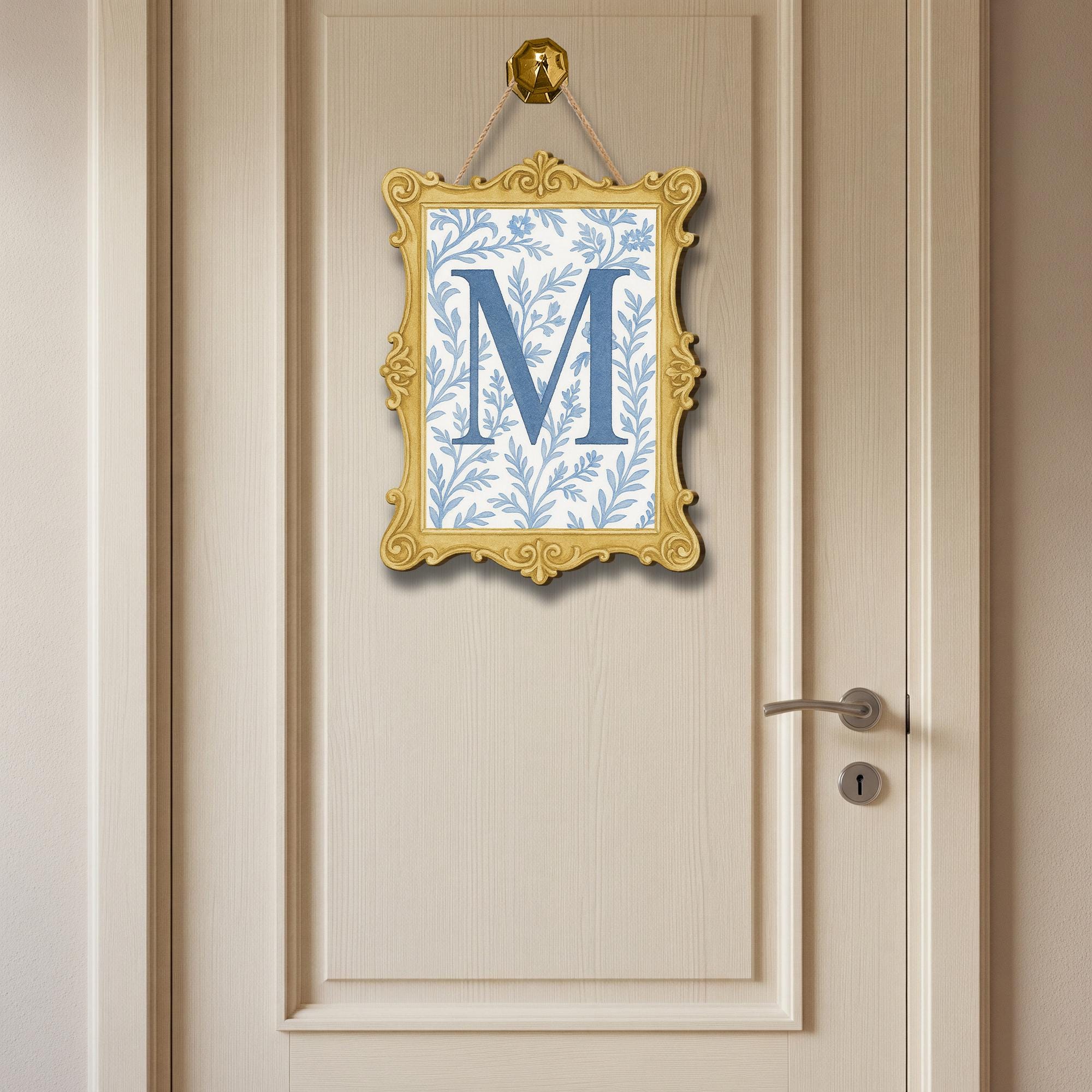 Custom Chinoiserie Monogram Door Sign | Blue Floral Initial Wall Plaque | Personalized Vintage Frame Decor | Elegant Preppy Room Name Sign