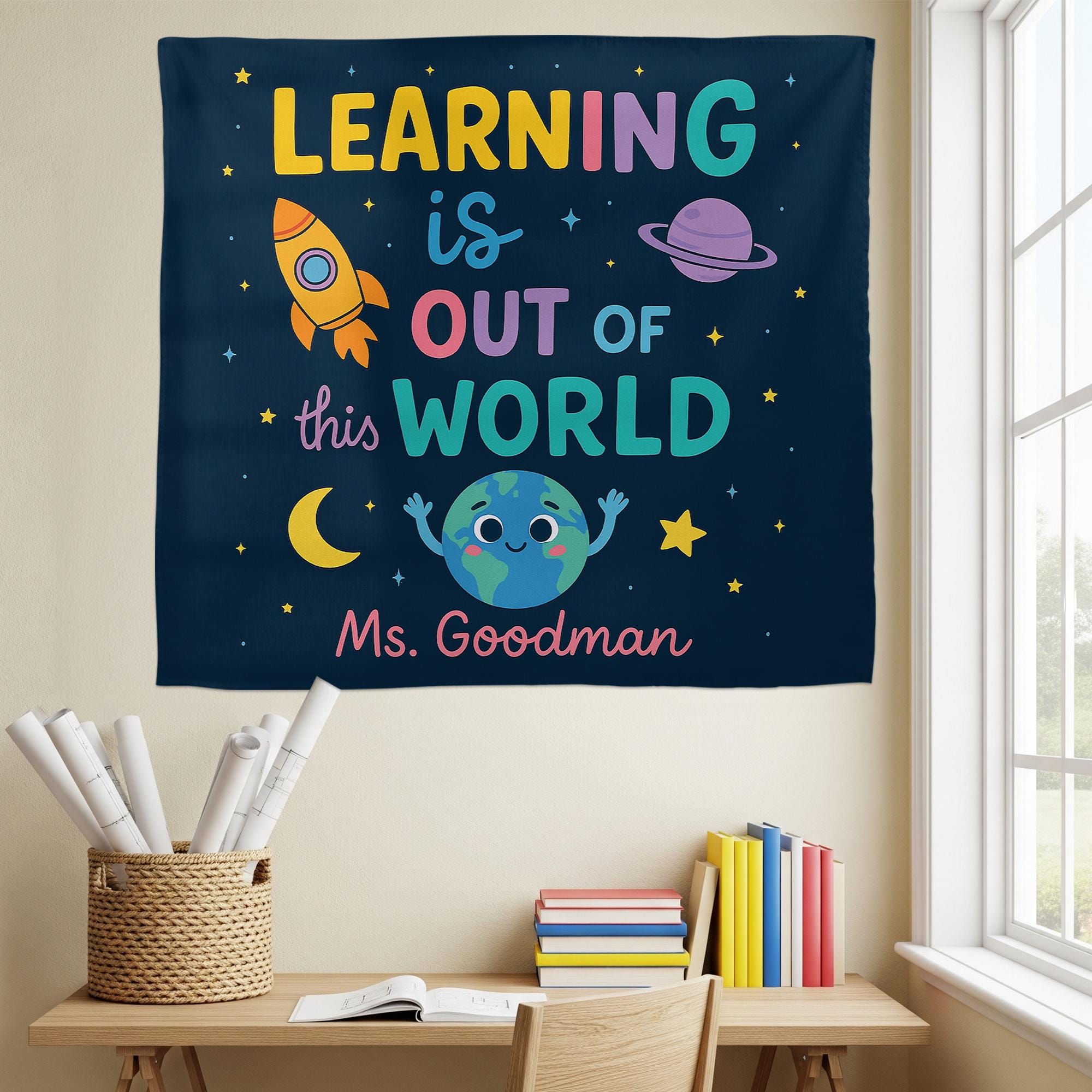 Custom Classroom Tapestry | Learning Is Out of This World Banner | Personalized Teacher Wall Decor | Space Theme Back to School Sign