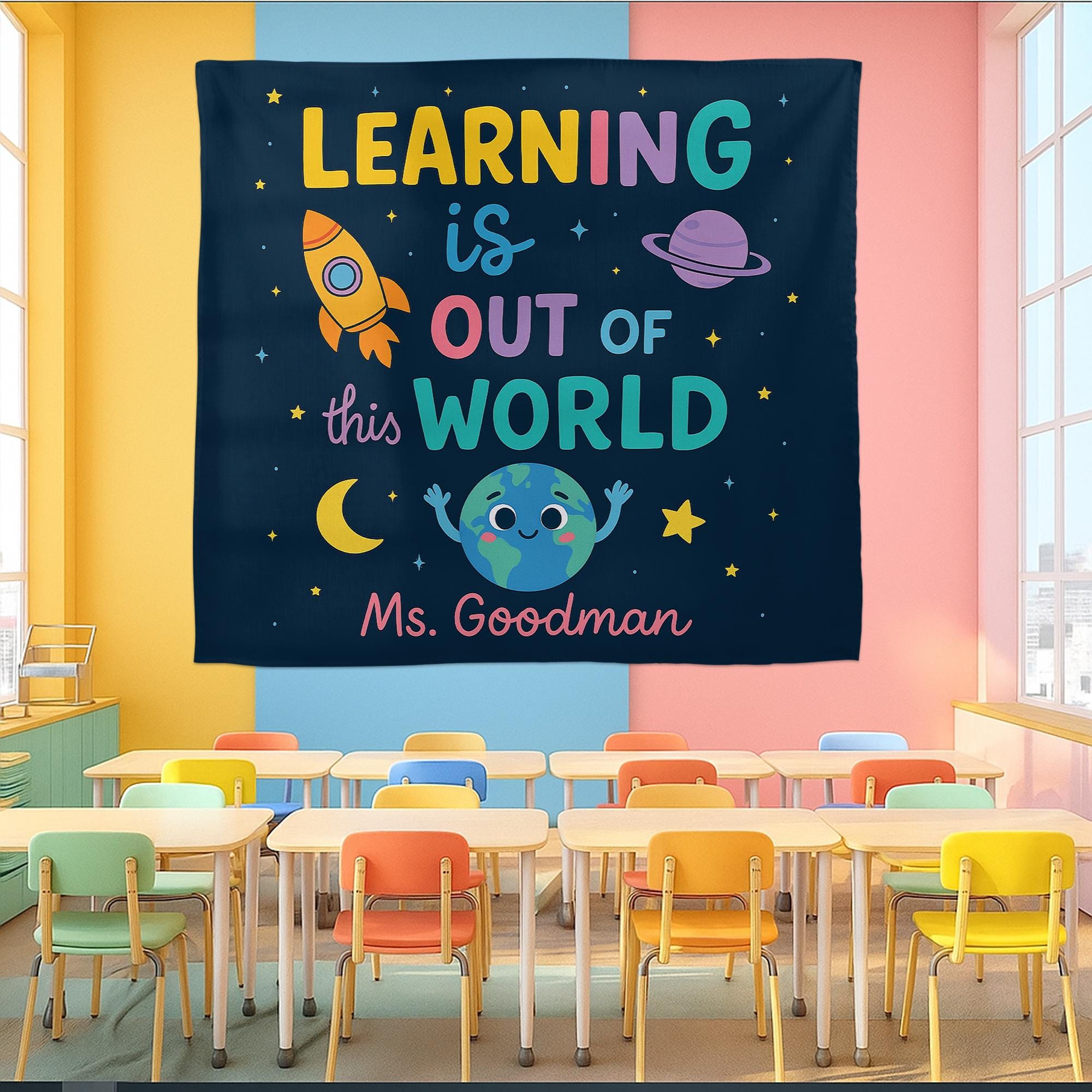 Custom Classroom Tapestry | Learning Is Out of This World Banner | Personalized Teacher Wall Decor | Space Theme Back to School Sign