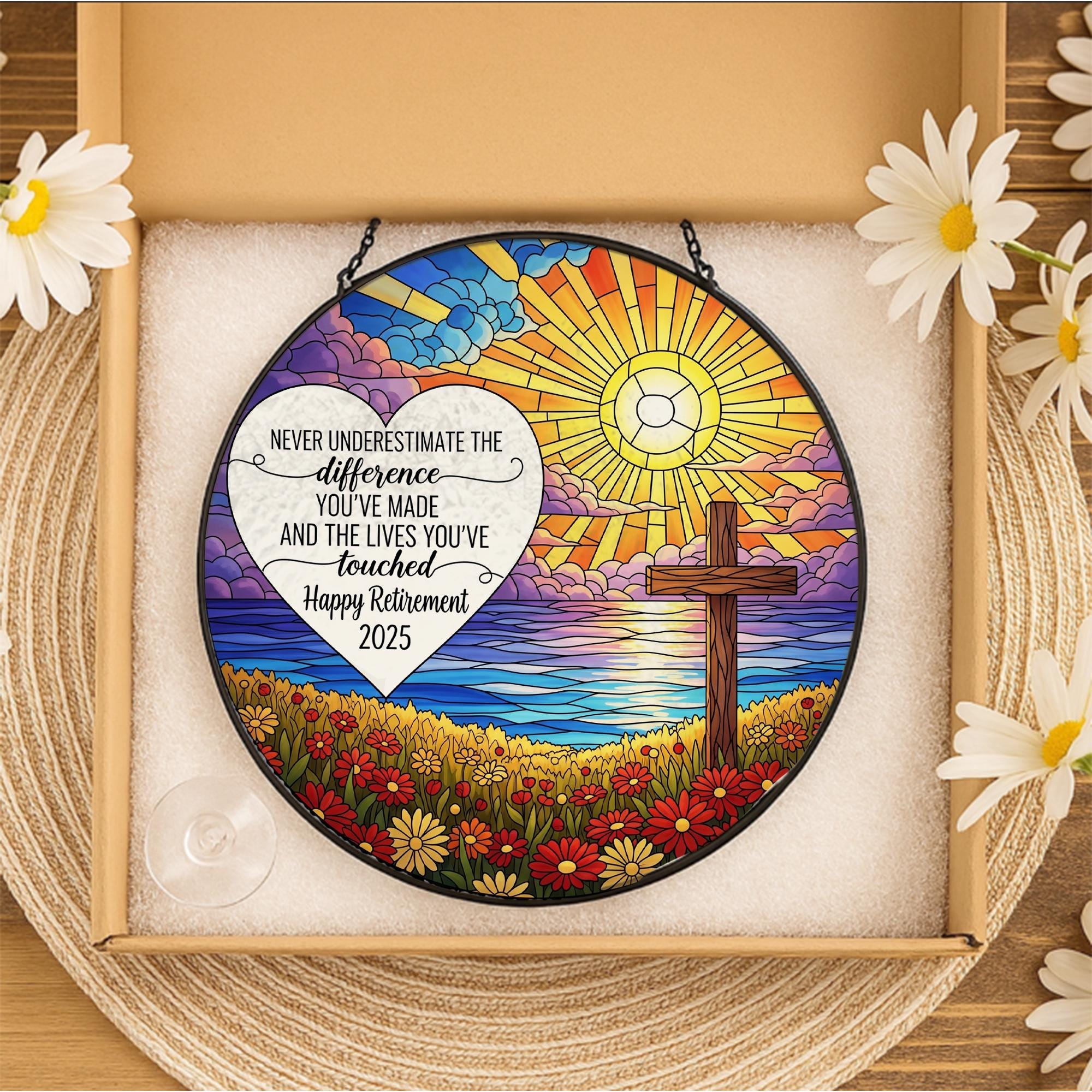 Custom Faux Glass Retirement Suncatcher – Heartfelt Inspirational Cross Decor, Window Hanging Keepsake, Personalized Retirement Gift