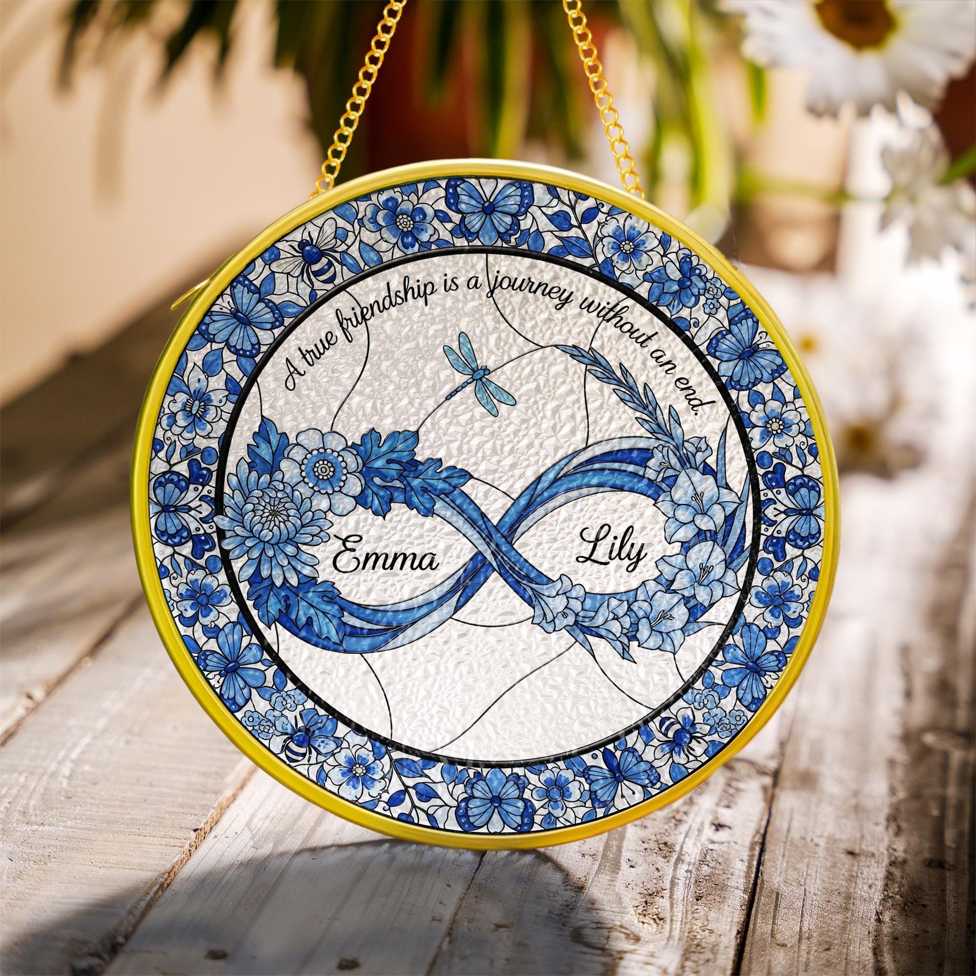 Custom Best Friend Glass Suncatcher – Personalized Infinity Floral Glass Gift – Friendship Quote Window Hanging