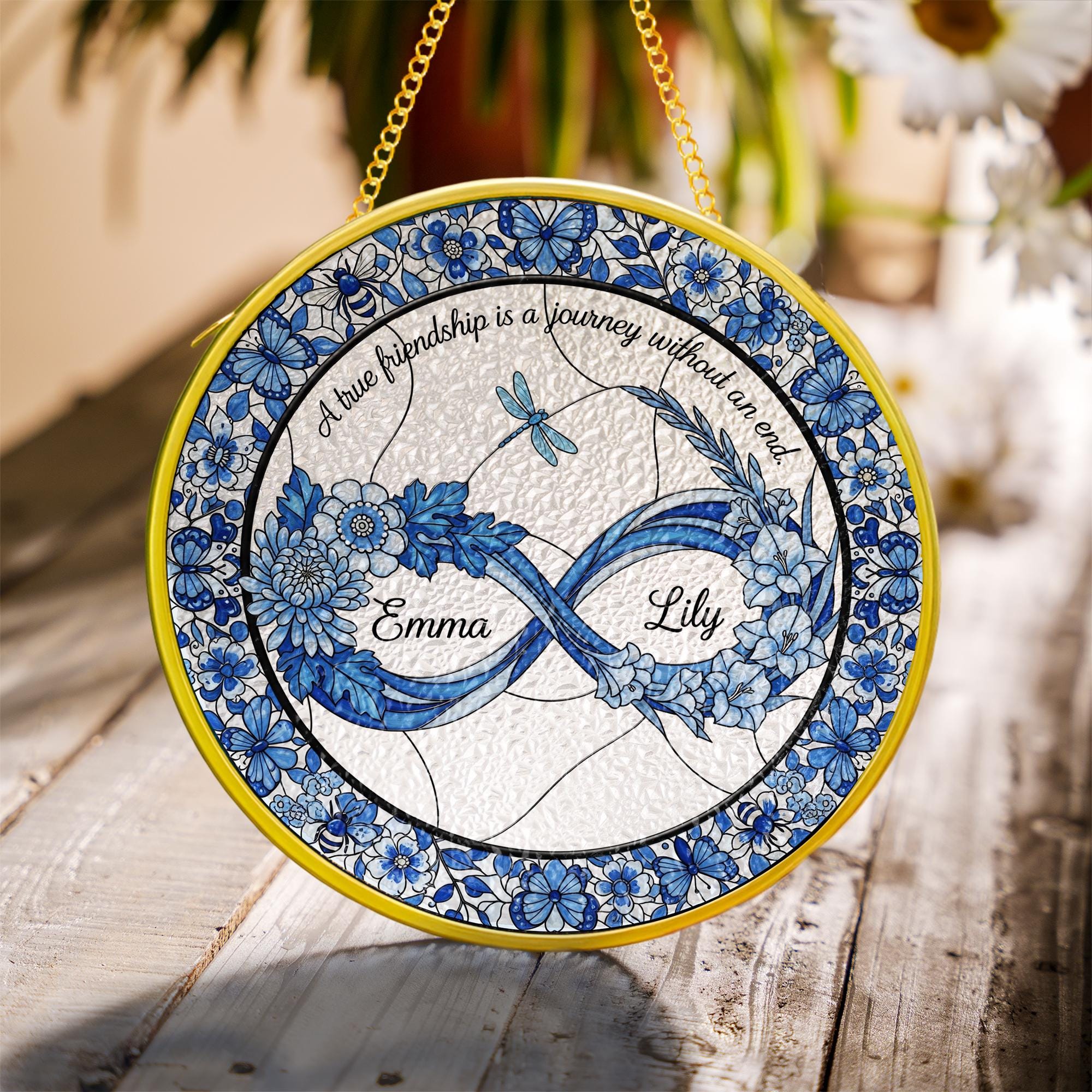 Custom Best Friend Glass Suncatcher – Personalized Infinity Floral Glass Gift – Friendship Quote Window Hanging