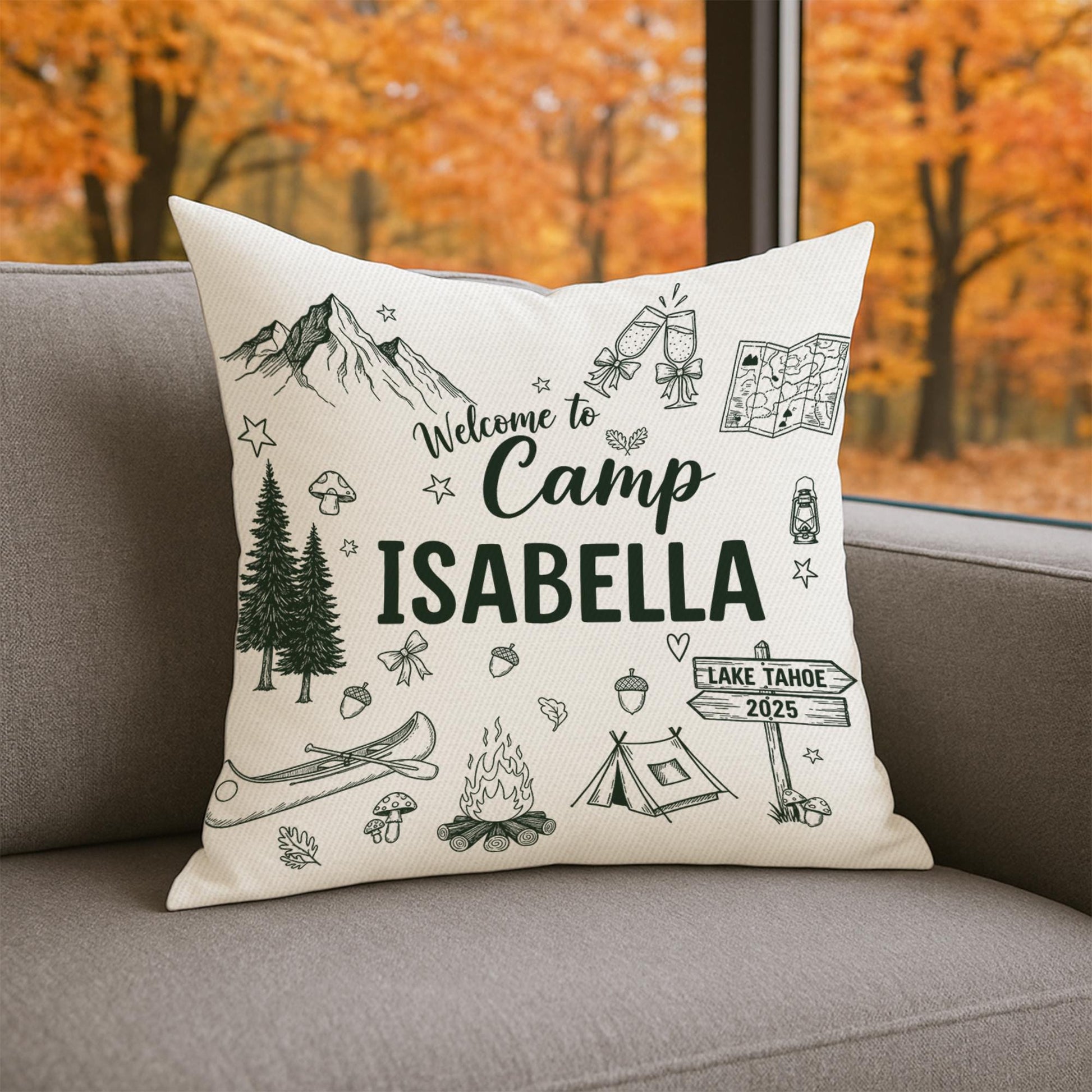 Custom Camp Pillow – Personalized ‘Welcome to Camp’ Throw with Name & Year, Cozy Outdoor Campfire Gift for Camper Lovers