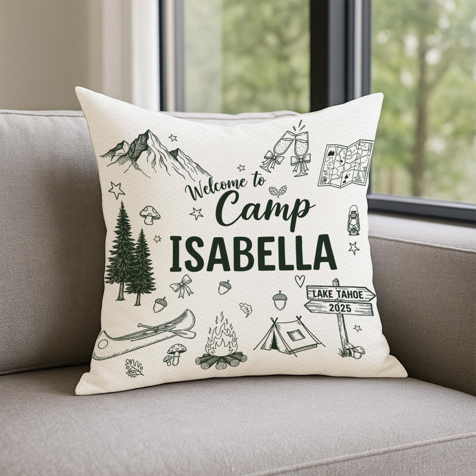 Custom Camp Pillow – Personalized ‘Welcome to Camp’ Throw with Name & Year, Cozy Outdoor Campfire Gift for Camper Lovers