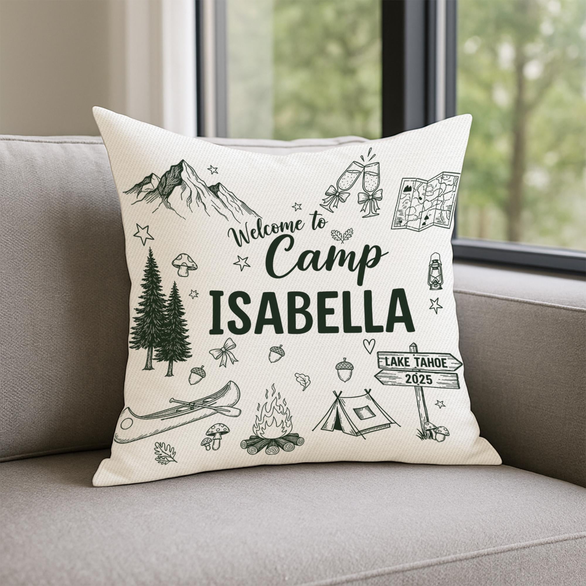 Custom Camp Pillow – Personalized ‘Welcome to Camp’ Throw with Name & Year, Cozy Outdoor Campfire Gift for Camper Lovers