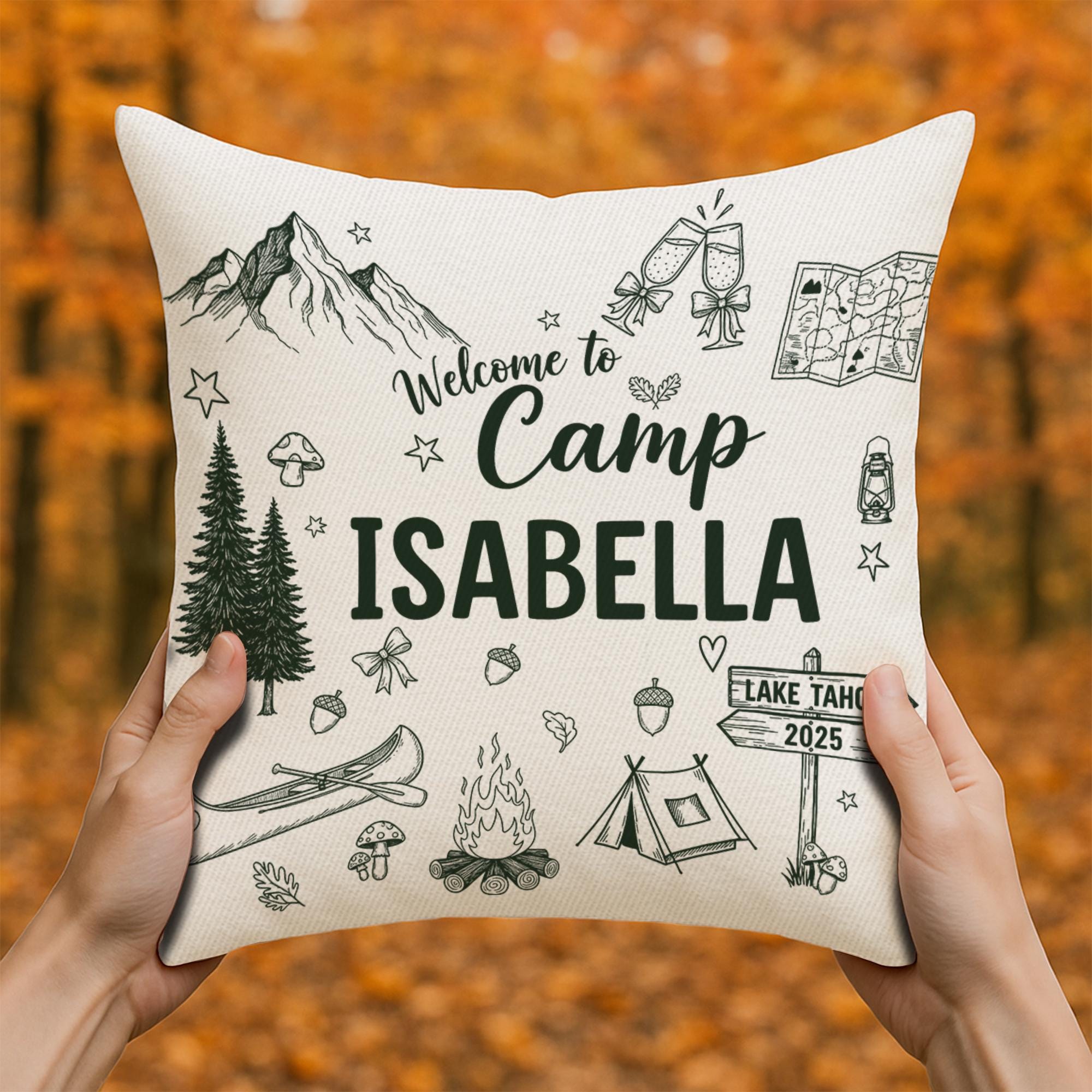 Custom Camp Pillow – Personalized ‘Welcome to Camp’ Throw with Name & Year, Cozy Outdoor Campfire Gift for Camper Lovers