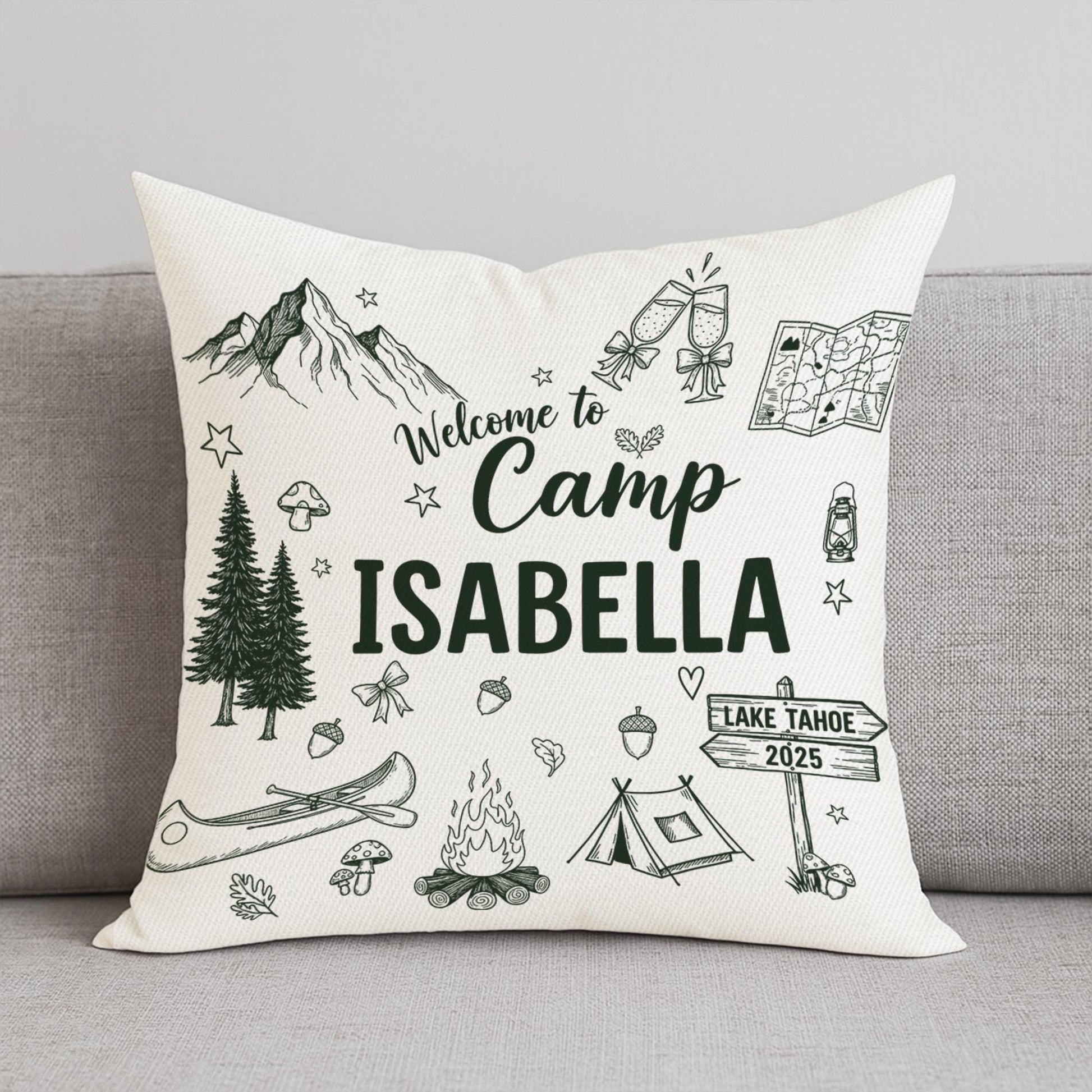 Custom Camp Pillow – Personalized ‘Welcome to Camp’ Throw with Name & Year, Cozy Outdoor Campfire Gift for Camper Lovers