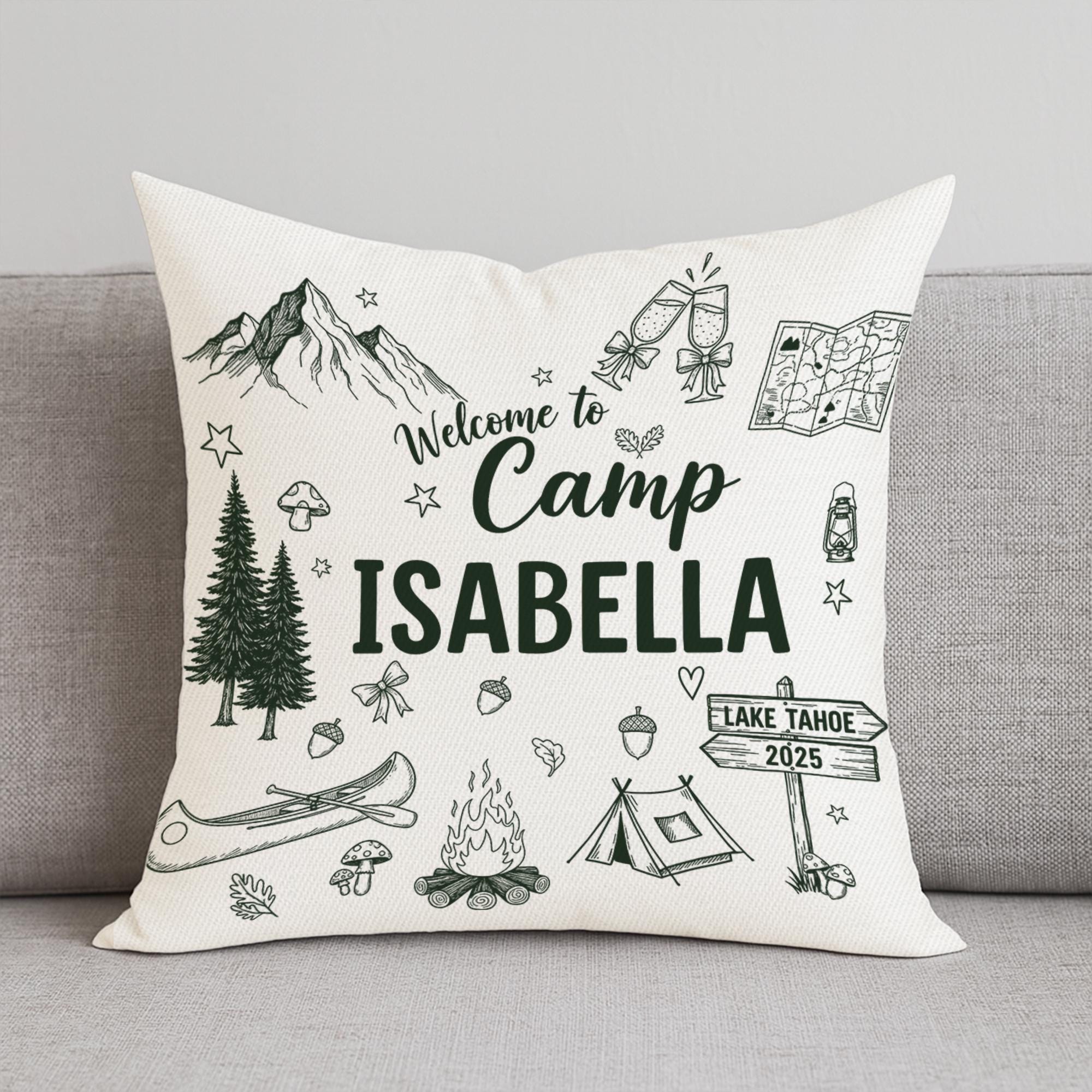 Custom Camp Pillow – Personalized ‘Welcome to Camp’ Throw with Name & Year, Cozy Outdoor Campfire Gift for Camper Lovers