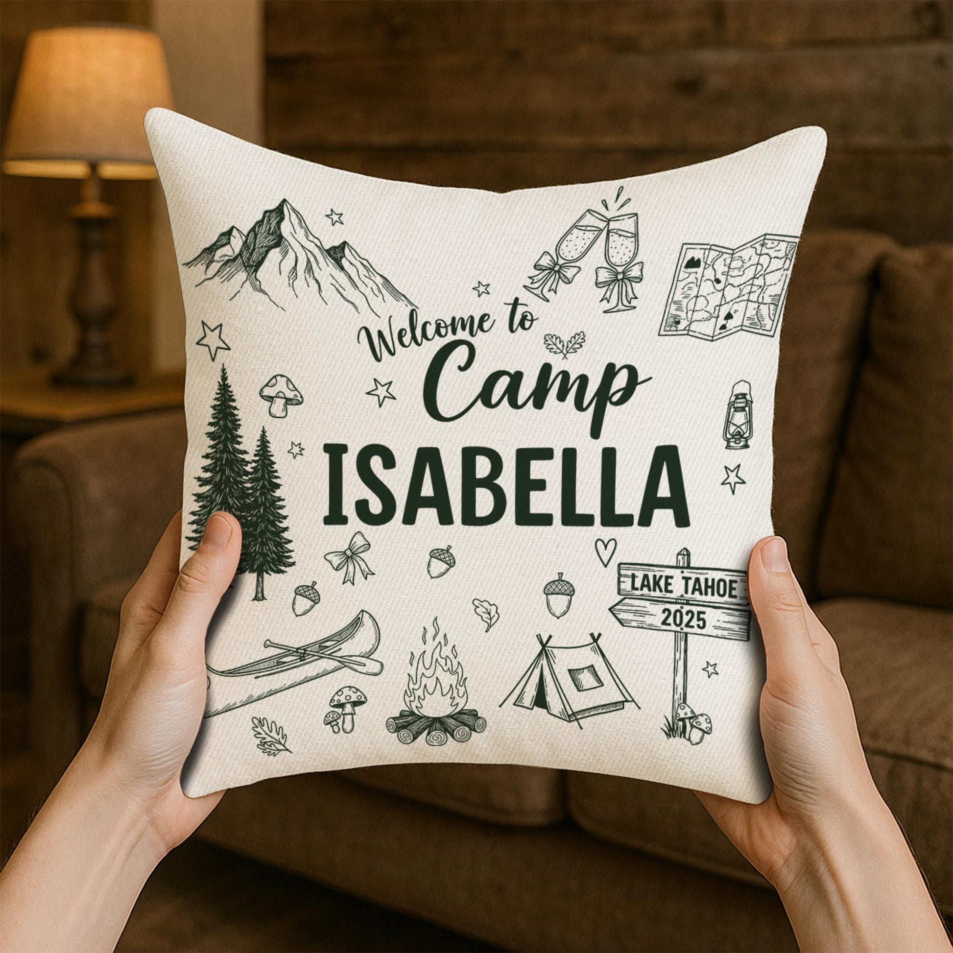 Custom Camp Pillow – Personalized ‘Welcome to Camp’ Throw with Name & Year, Cozy Outdoor Campfire Gift for Camper Lovers