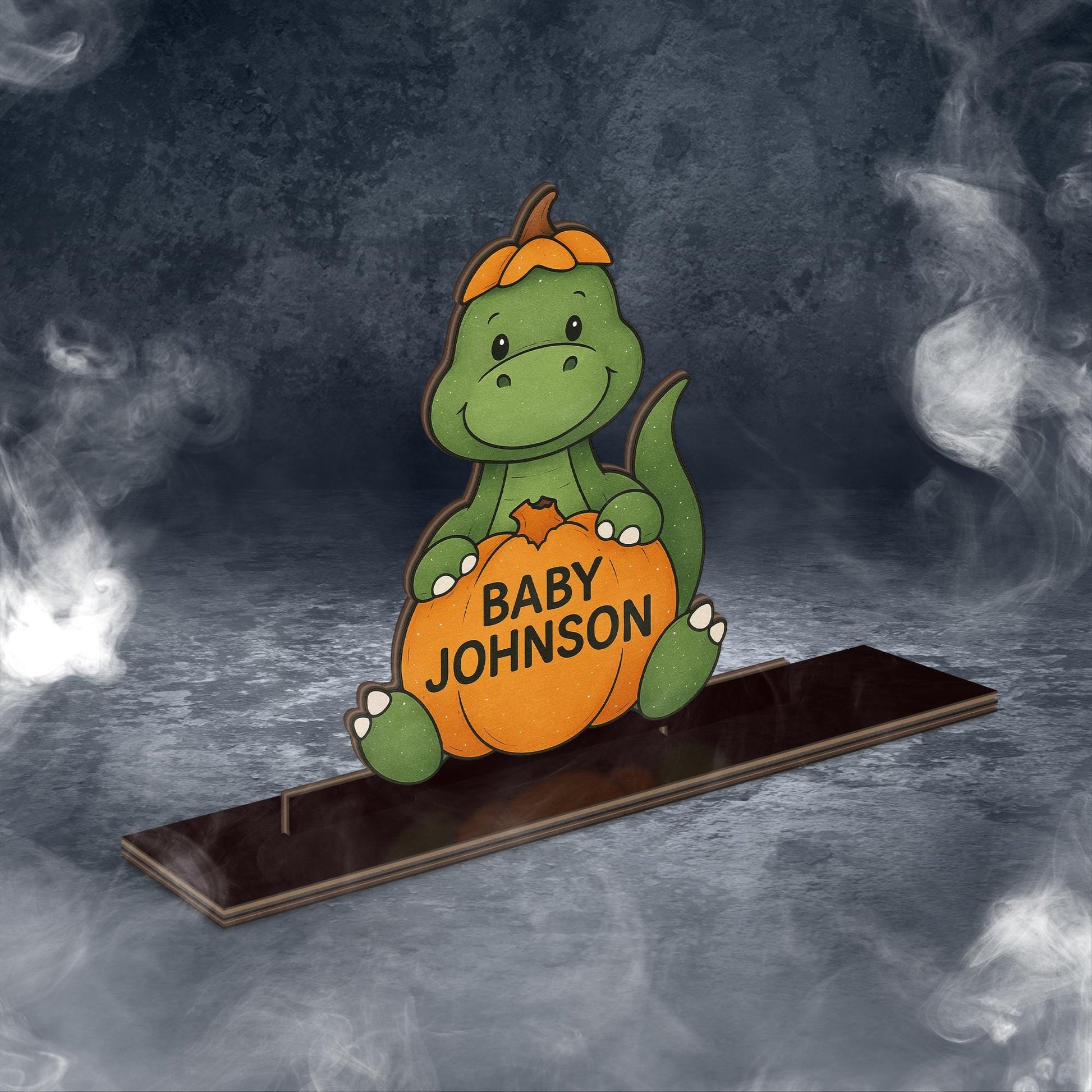 Personalized Fall Baby Name Sign – Cute Dinosaur Pumpkin Wood Standee – Autumn Baby Shower Gift or Newborn Nursery Decor