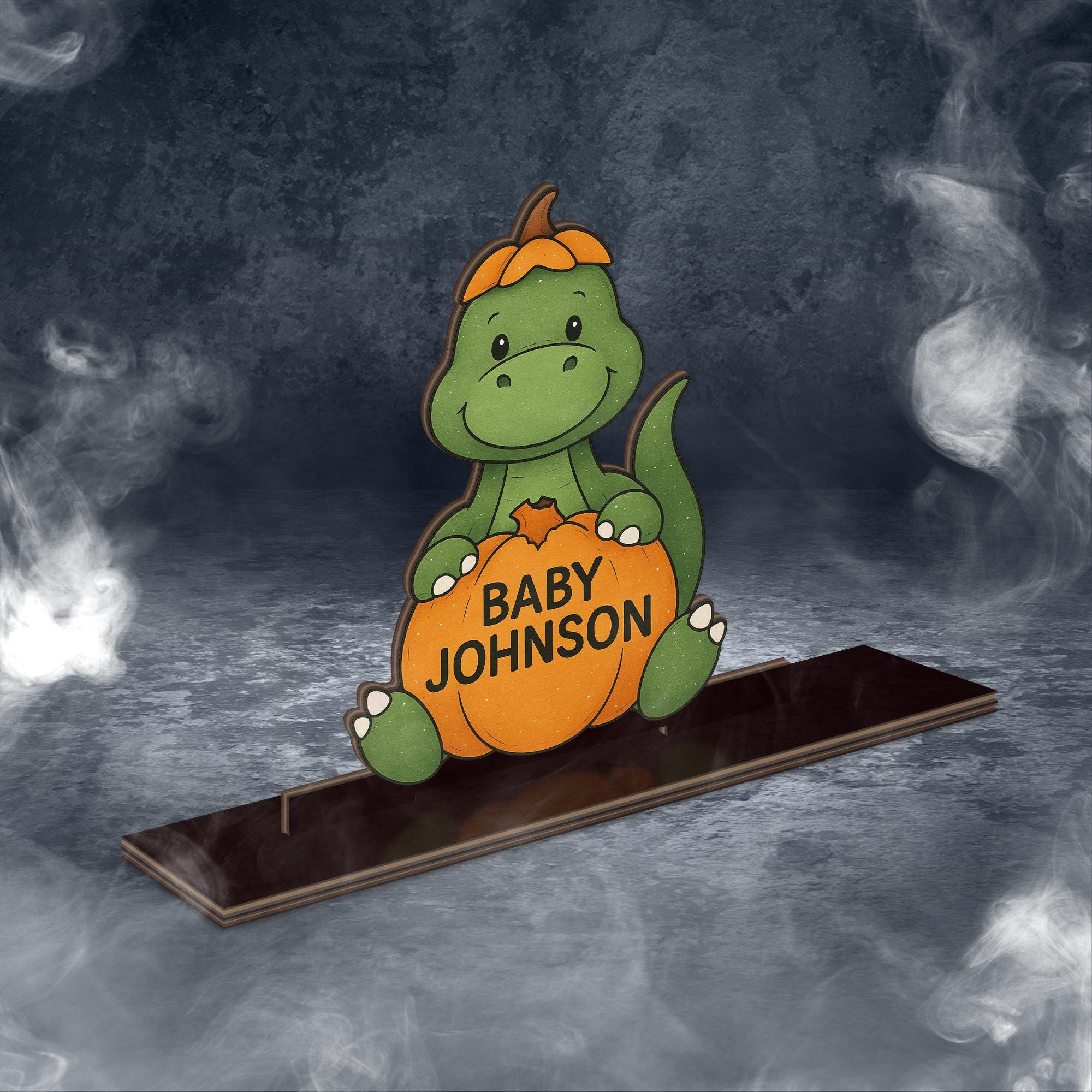 Personalized Fall Baby Name Sign – Cute Dinosaur Pumpkin Wood Standee – Autumn Baby Shower Gift or Newborn Nursery Decor