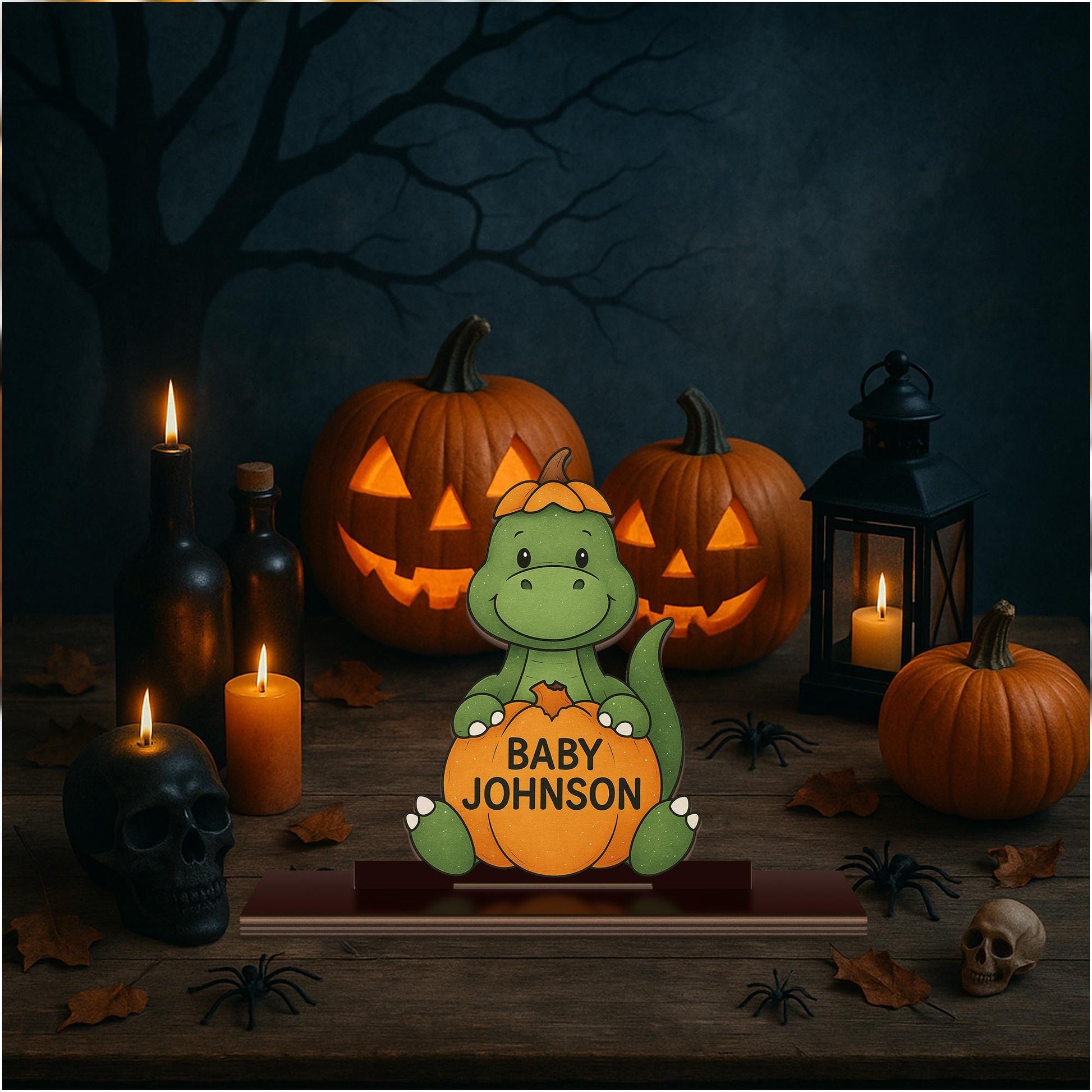 Personalized Fall Baby Name Sign – Cute Dinosaur Pumpkin Wood Standee – Autumn Baby Shower Gift or Newborn Nursery Decor