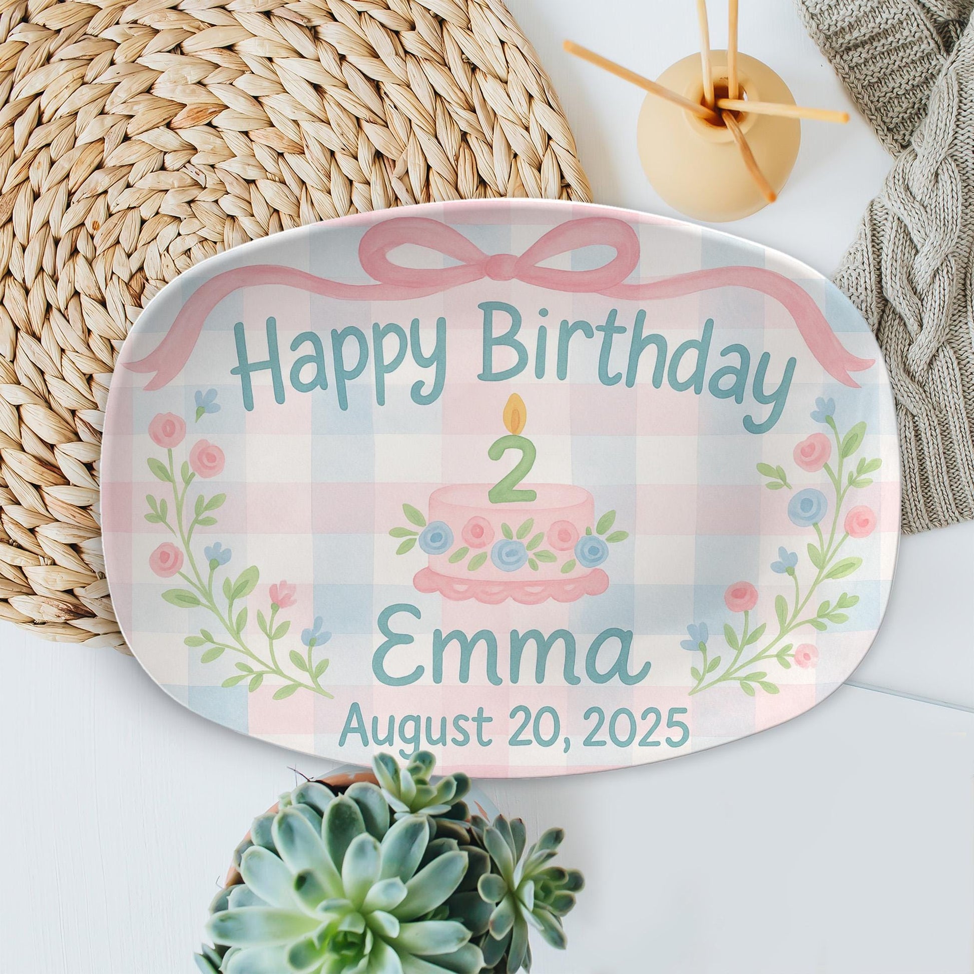 Custom Birthday Platter – Personalized Kids Name & Date Plate with Cake and Florals – Keepsake Gift for Toddler Birthday - DECOR only