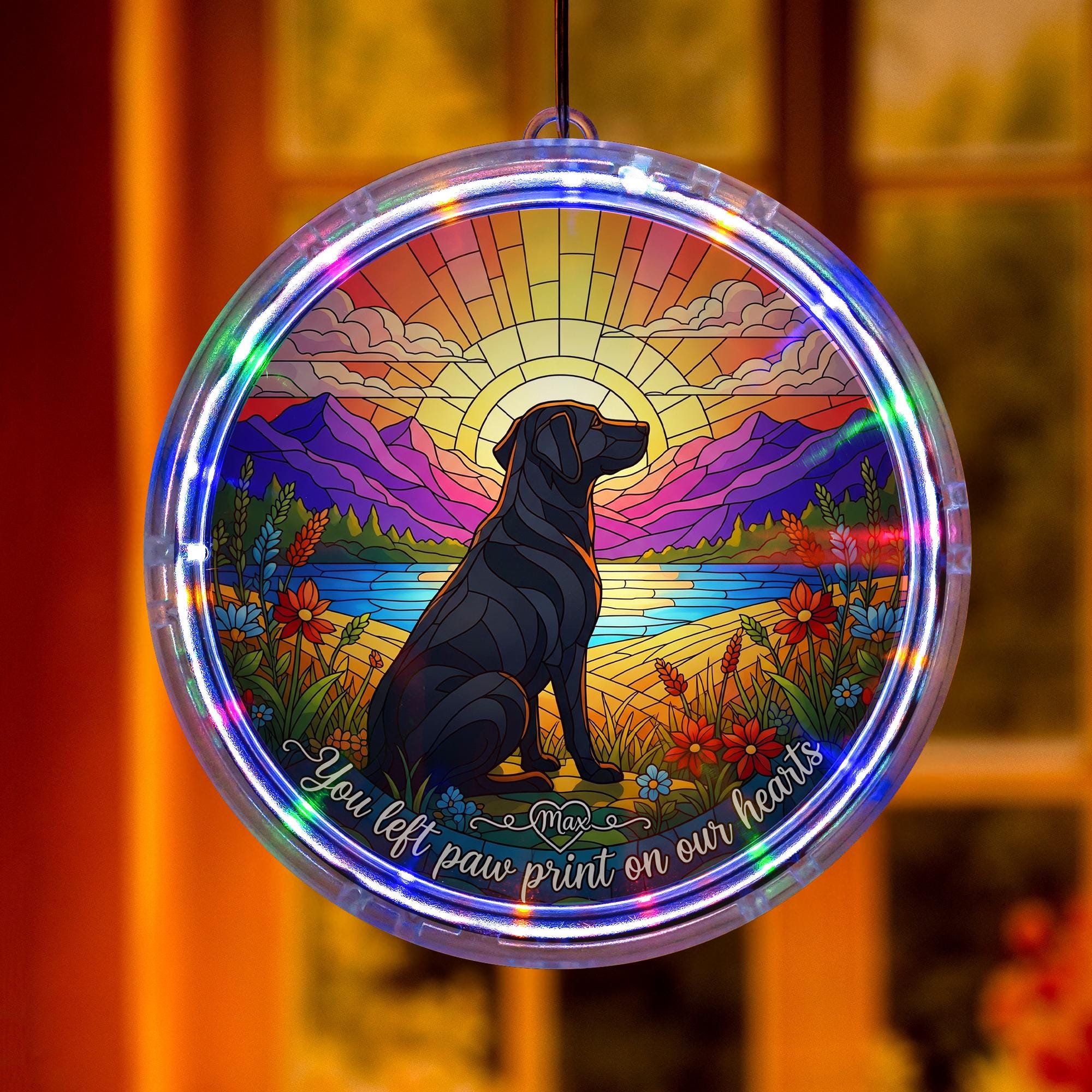 Personalized Pet Memorial LED Hanging Sun Catcher – Dog Loss Gift, Rainbow Bridge Ornament, Custom Pet Name Keepsake Decoration