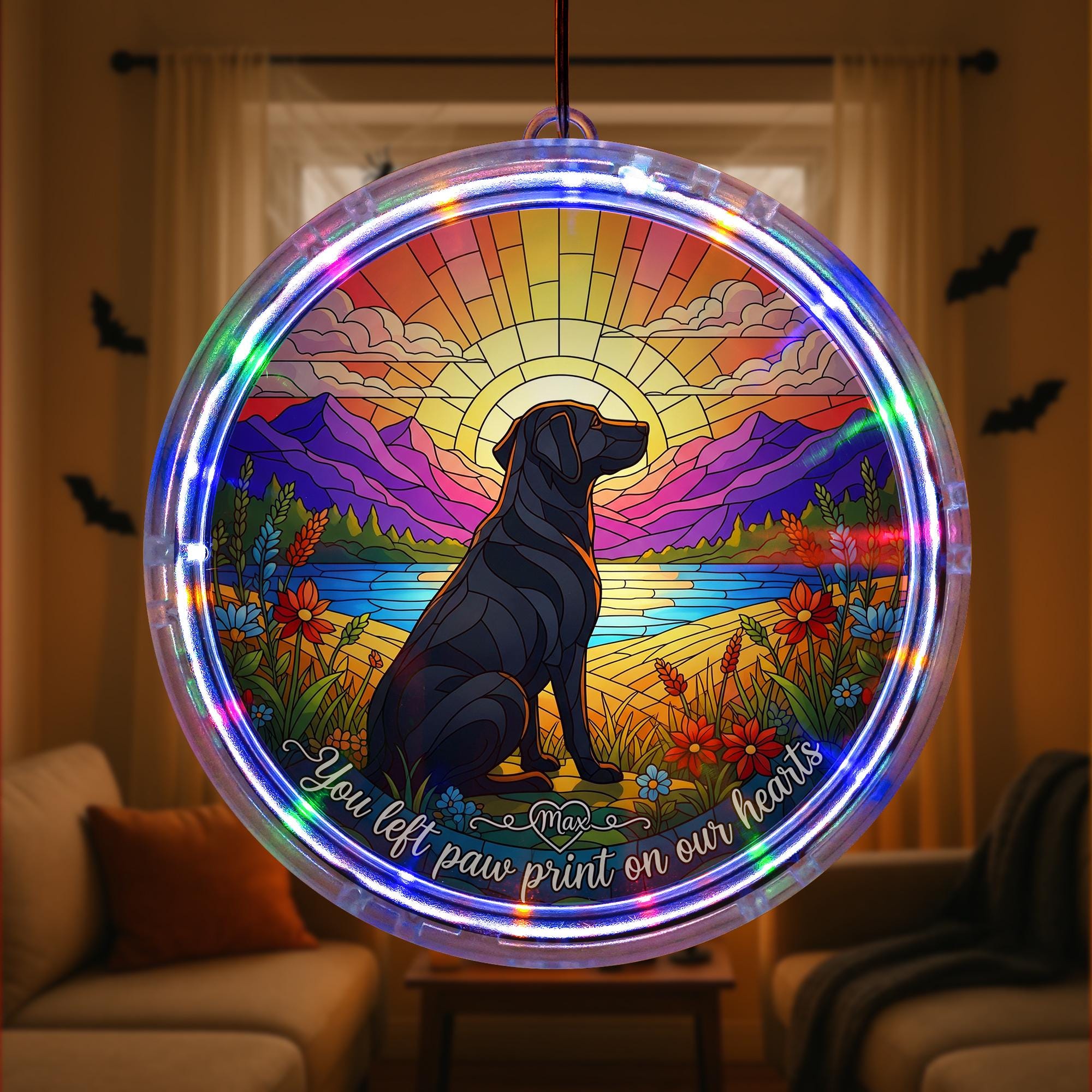 Personalized Pet Memorial LED Hanging Sun Catcher – Dog Loss Gift, Rainbow Bridge Ornament, Custom Pet Name Keepsake Decoration