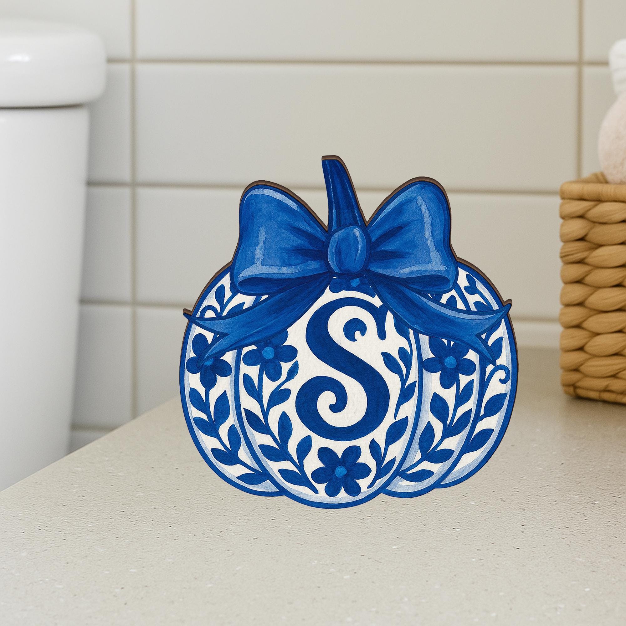 Custom Chinoiserie Pumpkin Wooden Block - Blue and White Fall Decor, Personalized Monogram Pumpkin, Elegant Autumn Home Accent