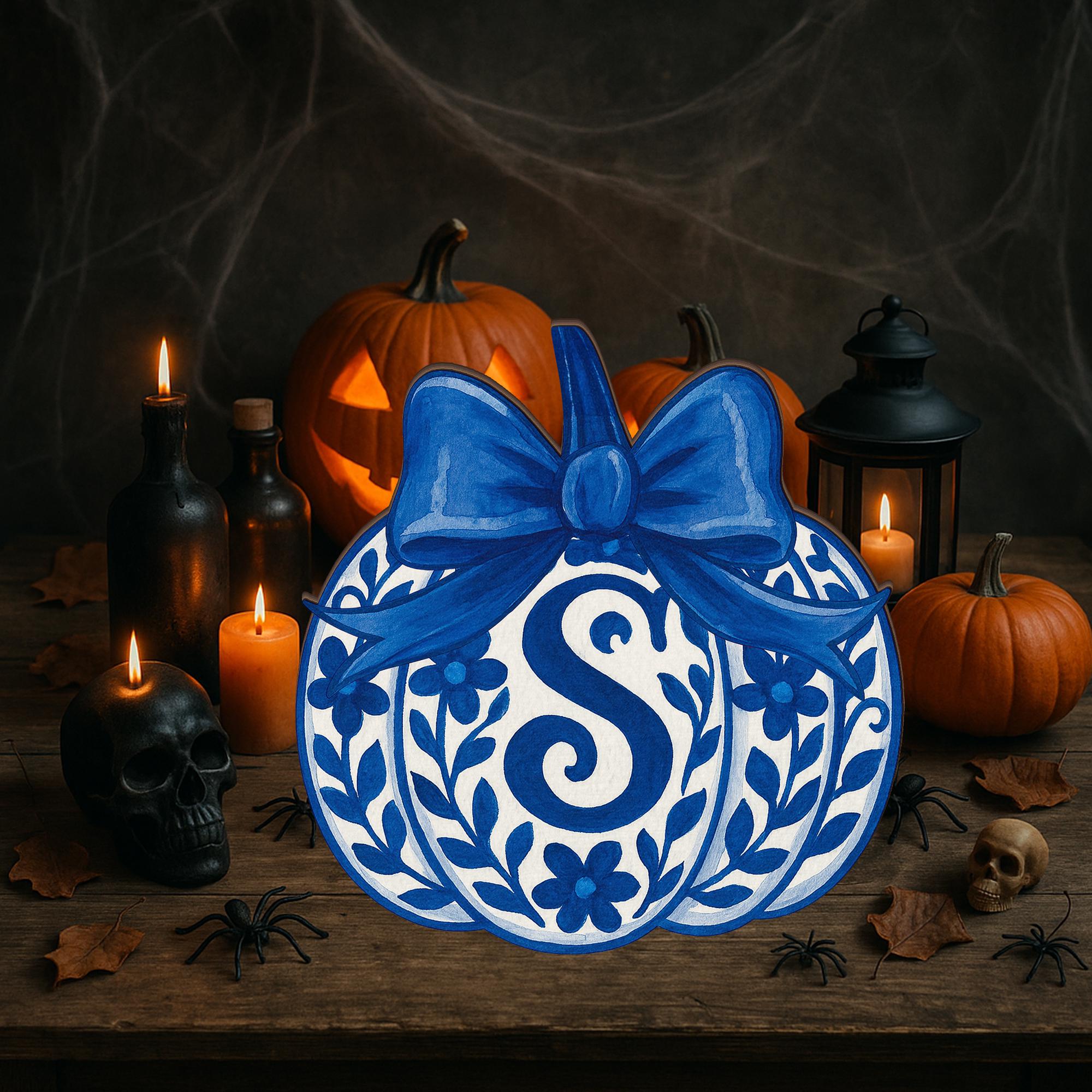 Custom Chinoiserie Pumpkin Wooden Block - Blue and White Fall Decor, Personalized Monogram Pumpkin, Elegant Autumn Home Accent