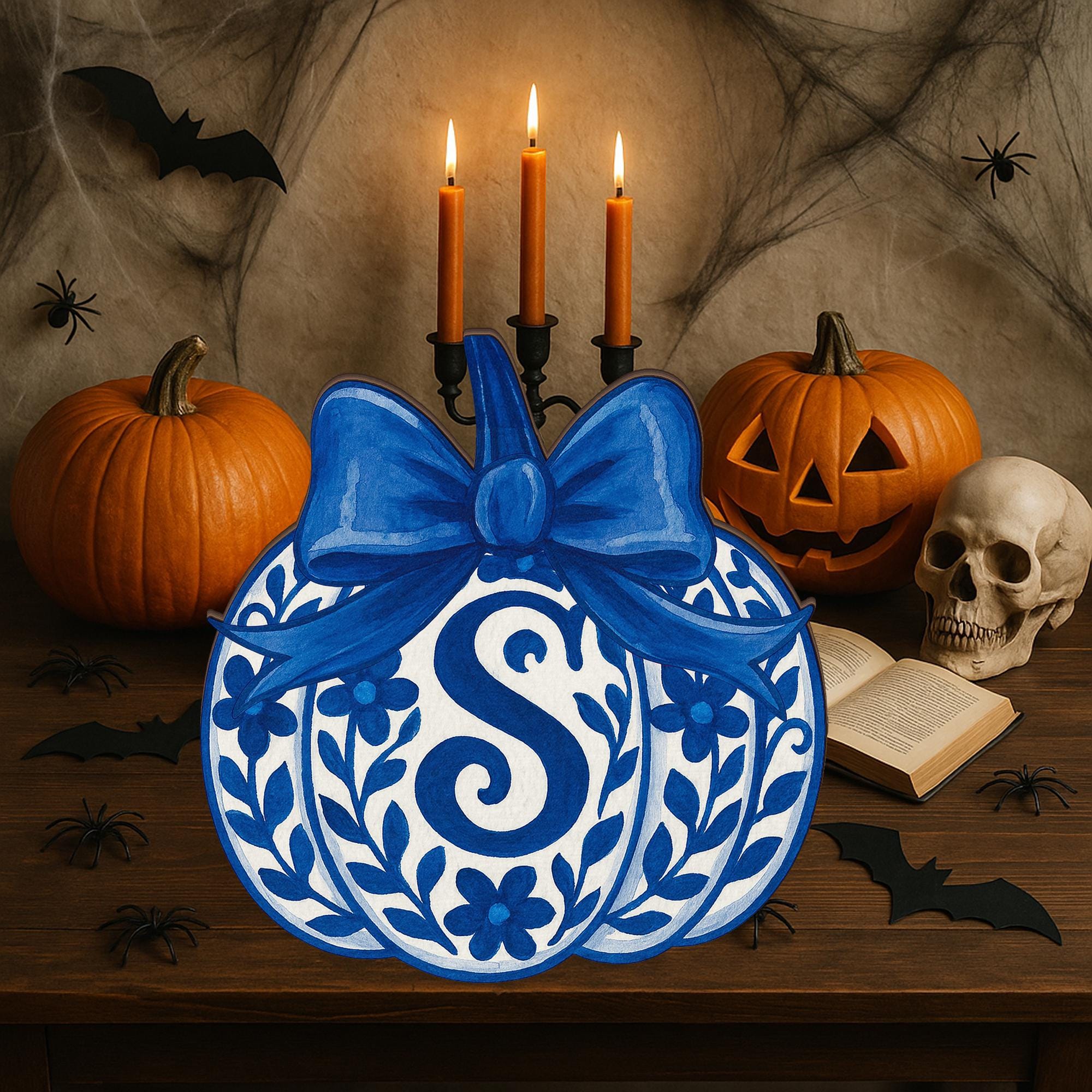 Custom Chinoiserie Pumpkin Wooden Block - Blue and White Fall Decor, Personalized Monogram Pumpkin, Elegant Autumn Home Accent