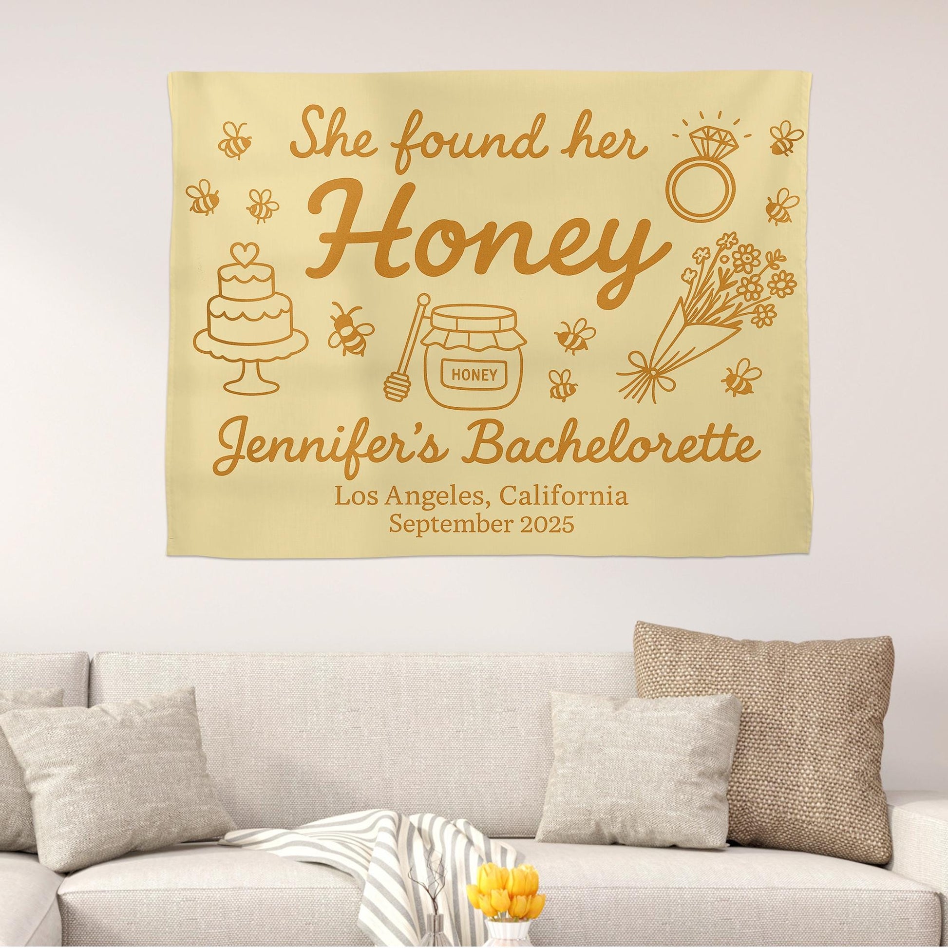 Custom Bachelorette Party Tapestry - She Found Her Honey Banner, Personalized Bridal Shower Decoration, Wedding Party Backdrop