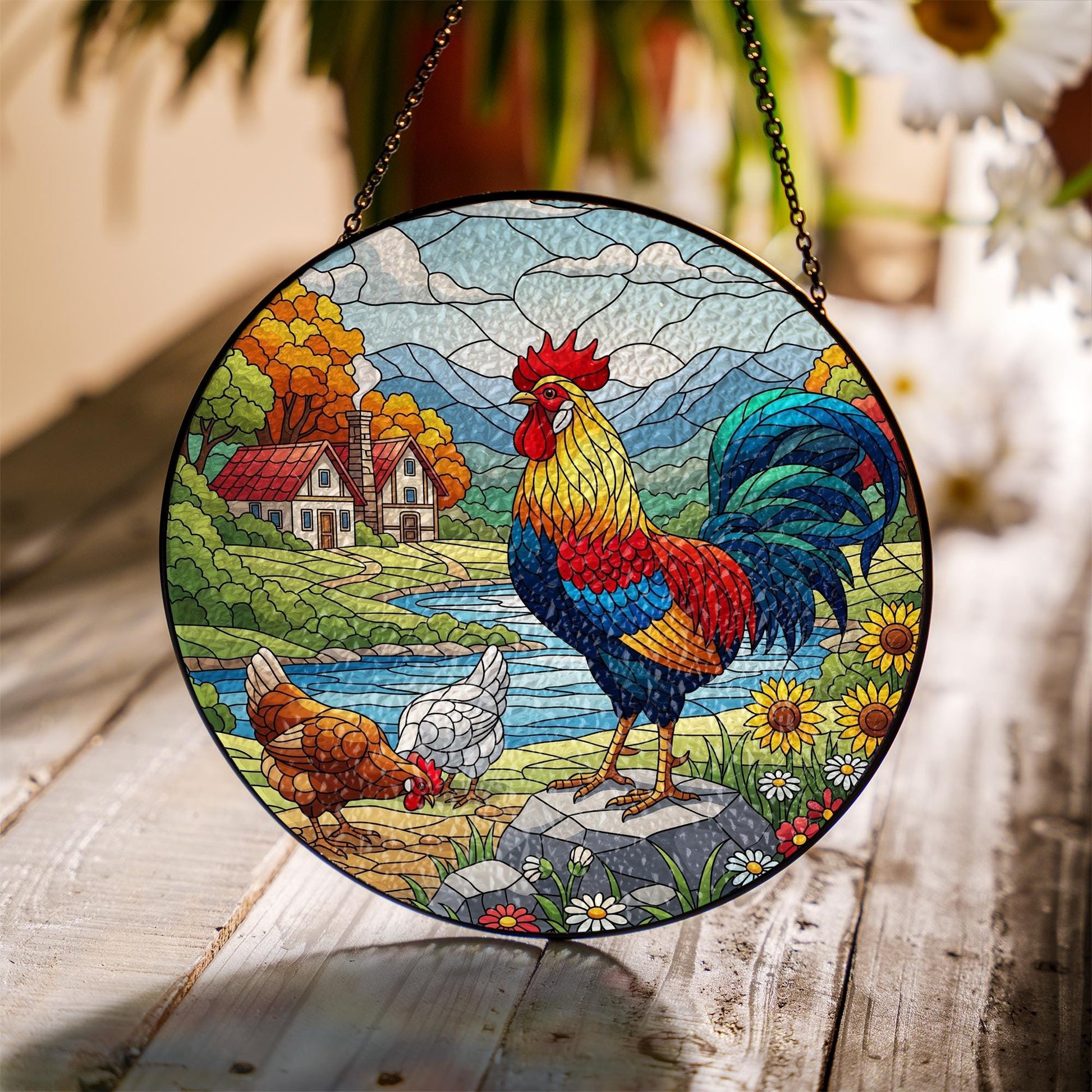 Colorful Rooster Faux Glass Suncatcher – Country Farmhouse Acrylic Window Hanging, Rustic Kitchen Decor Gift