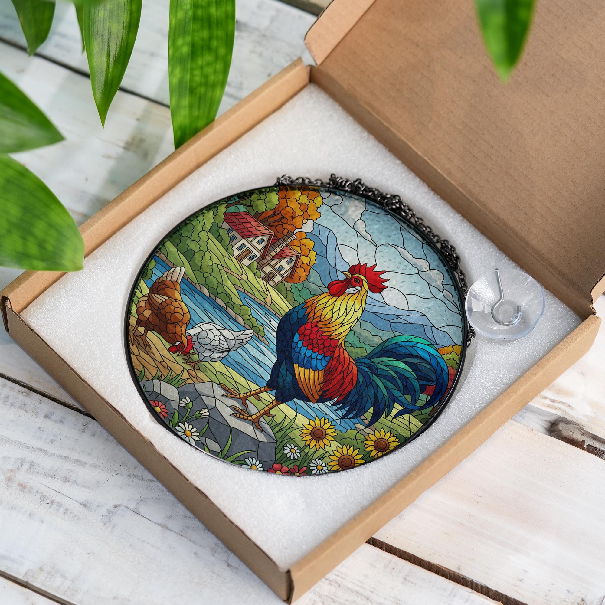 Colorful Rooster Faux Glass Suncatcher – Country Farmhouse Acrylic Window Hanging, Rustic Kitchen Decor Gift