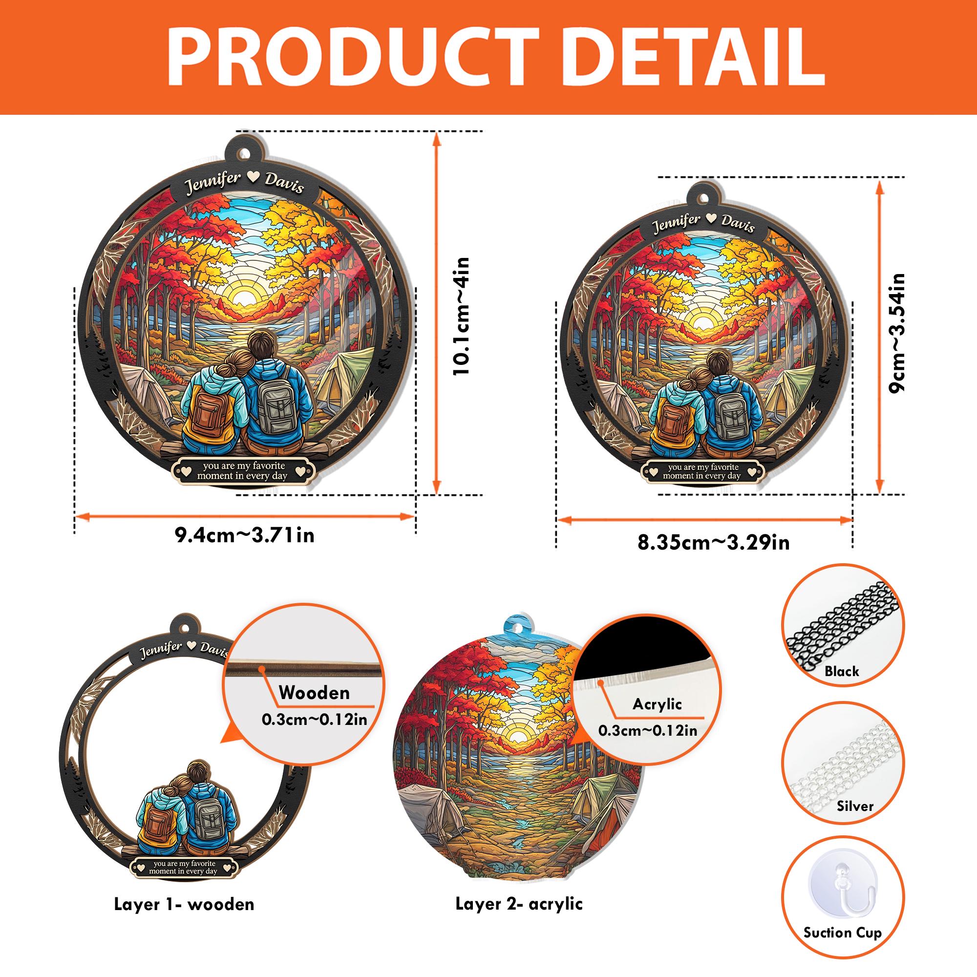 Custom Camping Couple Ornament | Personalized Fall Suncatcher | Hiking Gift for Him Her | Romantic Sunset Forest Ornament