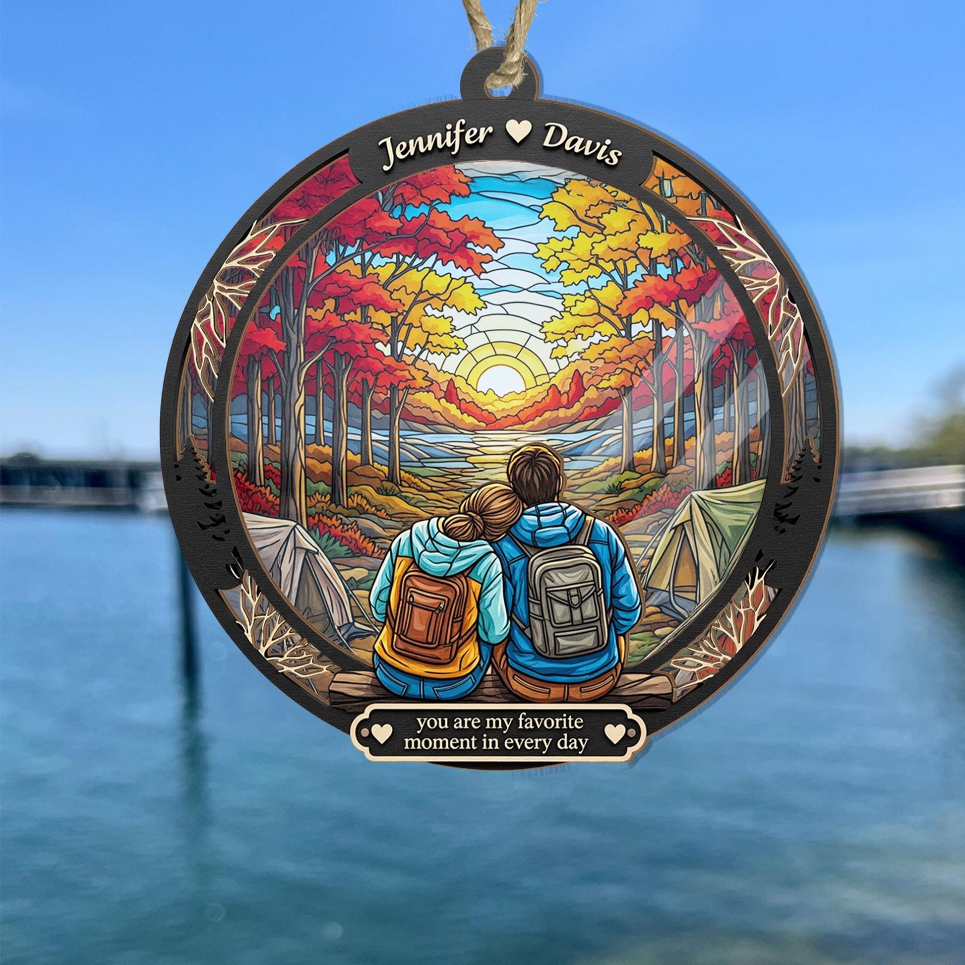 Custom Camping Couple Ornament | Personalized Fall Suncatcher | Hiking Gift for Him Her | Romantic Sunset Forest Ornament