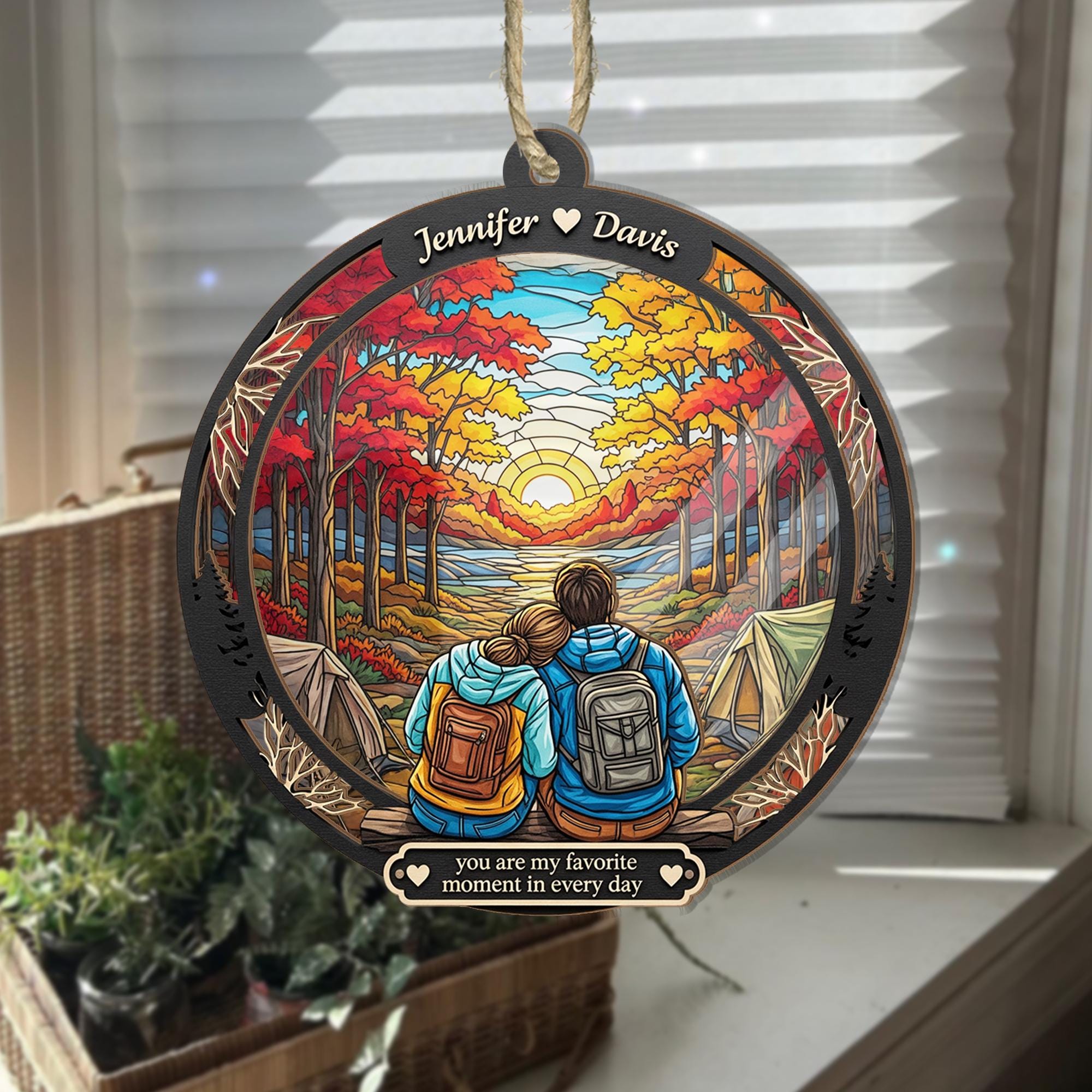 Custom Camping Couple Ornament | Personalized Fall Suncatcher | Hiking Gift for Him Her | Romantic Sunset Forest Ornament