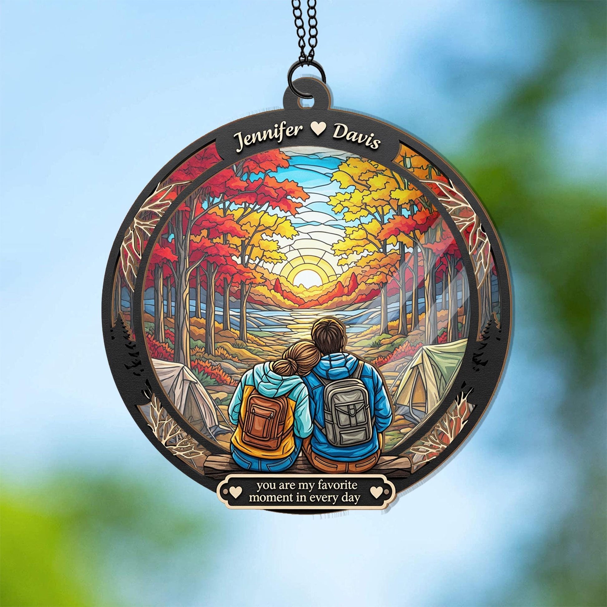 Custom Camping Couple Ornament | Personalized Fall Suncatcher | Hiking Gift for Him Her | Romantic Sunset Forest Ornament