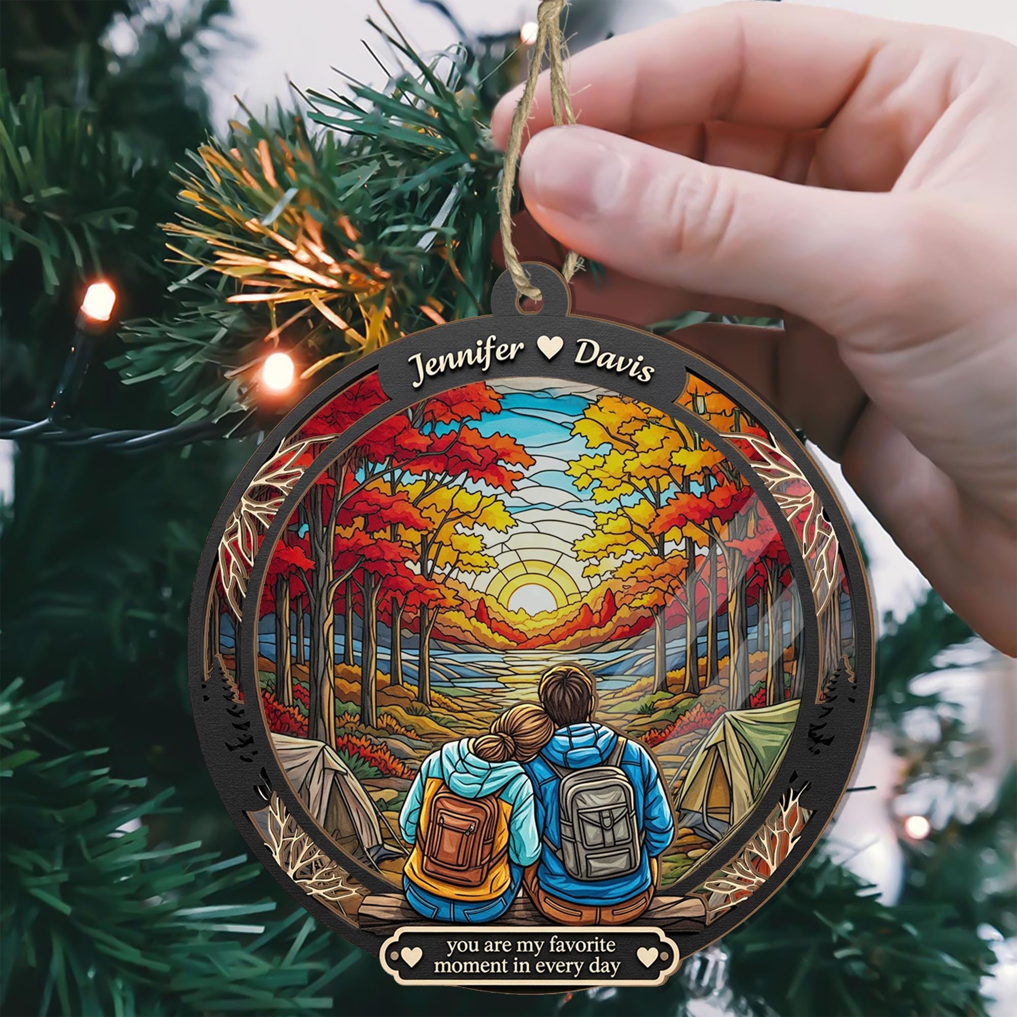 Custom Camping Couple Ornament | Personalized Fall Suncatcher | Hiking Gift for Him Her | Romantic Sunset Forest Ornament