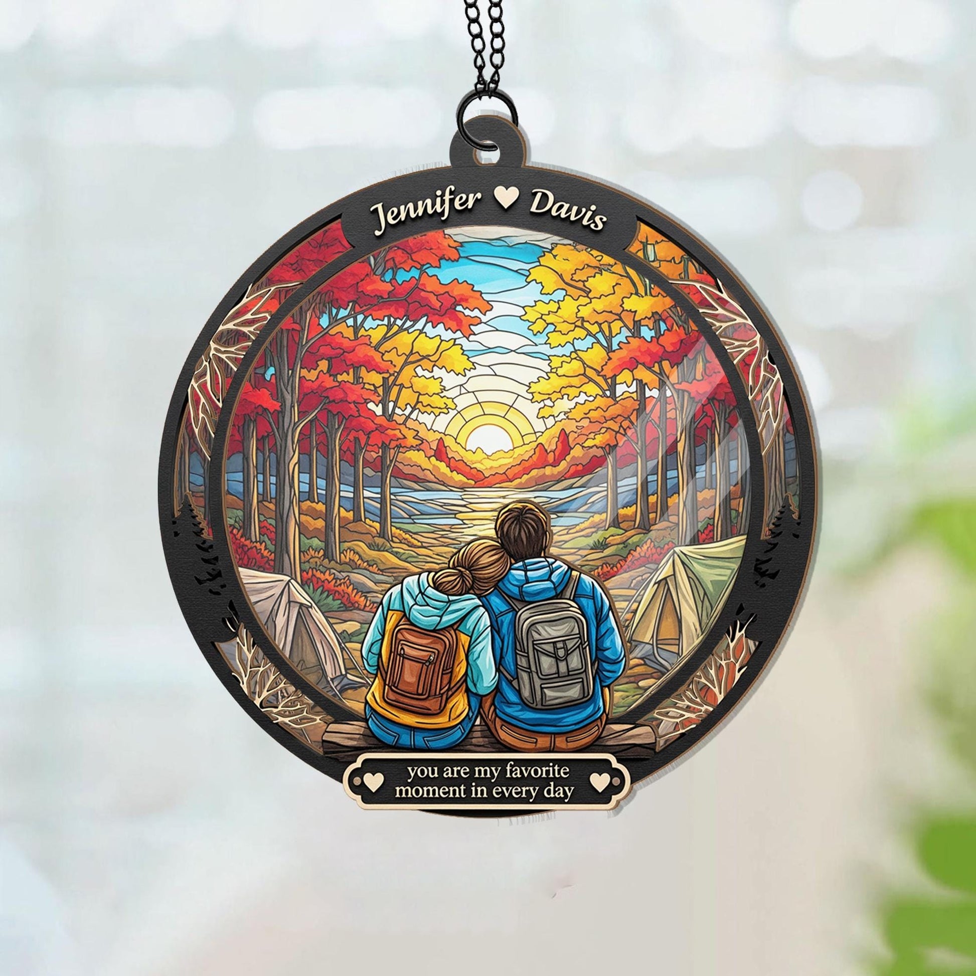 Custom Camping Couple Ornament | Personalized Fall Suncatcher | Hiking Gift for Him Her | Romantic Sunset Forest Ornament