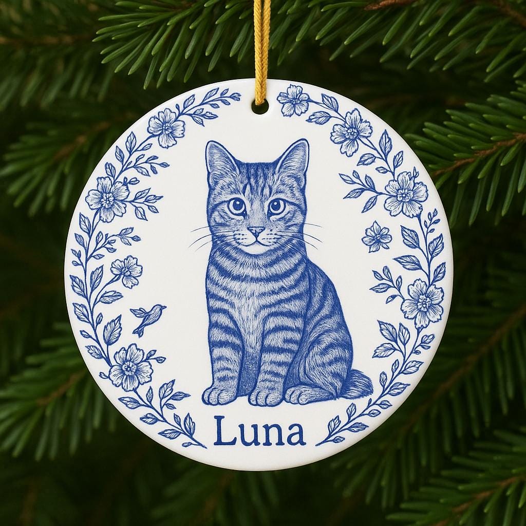 Custom Chinoiserie Pet Ornament - Personalized Blue and White Ceramic Keepsake, Cat Dog Memorial Gift, Elegant Holiday Decor