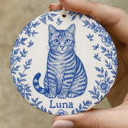 Custom Chinoiserie Pet Ornament - Personalized Blue and White Ceramic Keepsake, Cat Dog Memorial Gift, Elegant Holiday Decor