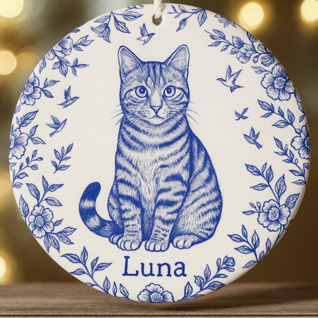 Custom Chinoiserie Pet Ornament - Personalized Blue and White Ceramic Keepsake, Cat Dog Memorial Gift, Elegant Holiday Decor
