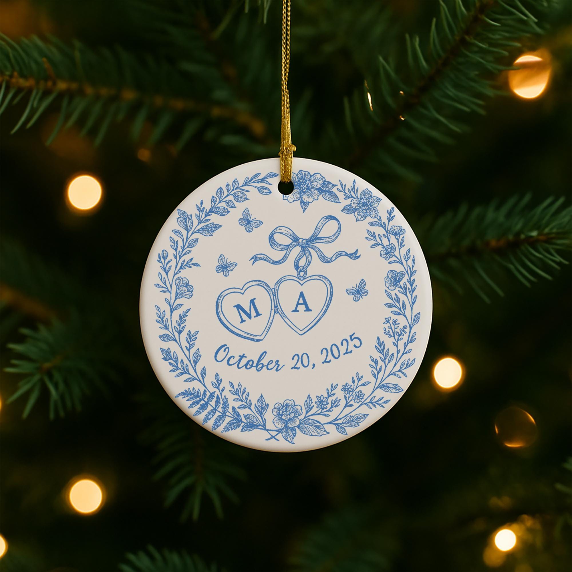 Custom Chinoiserie Wedding Ornament - Personalized Blue and White Ceramic Keepsake, Couple Monogram Gift, Elegant Bridal Decor